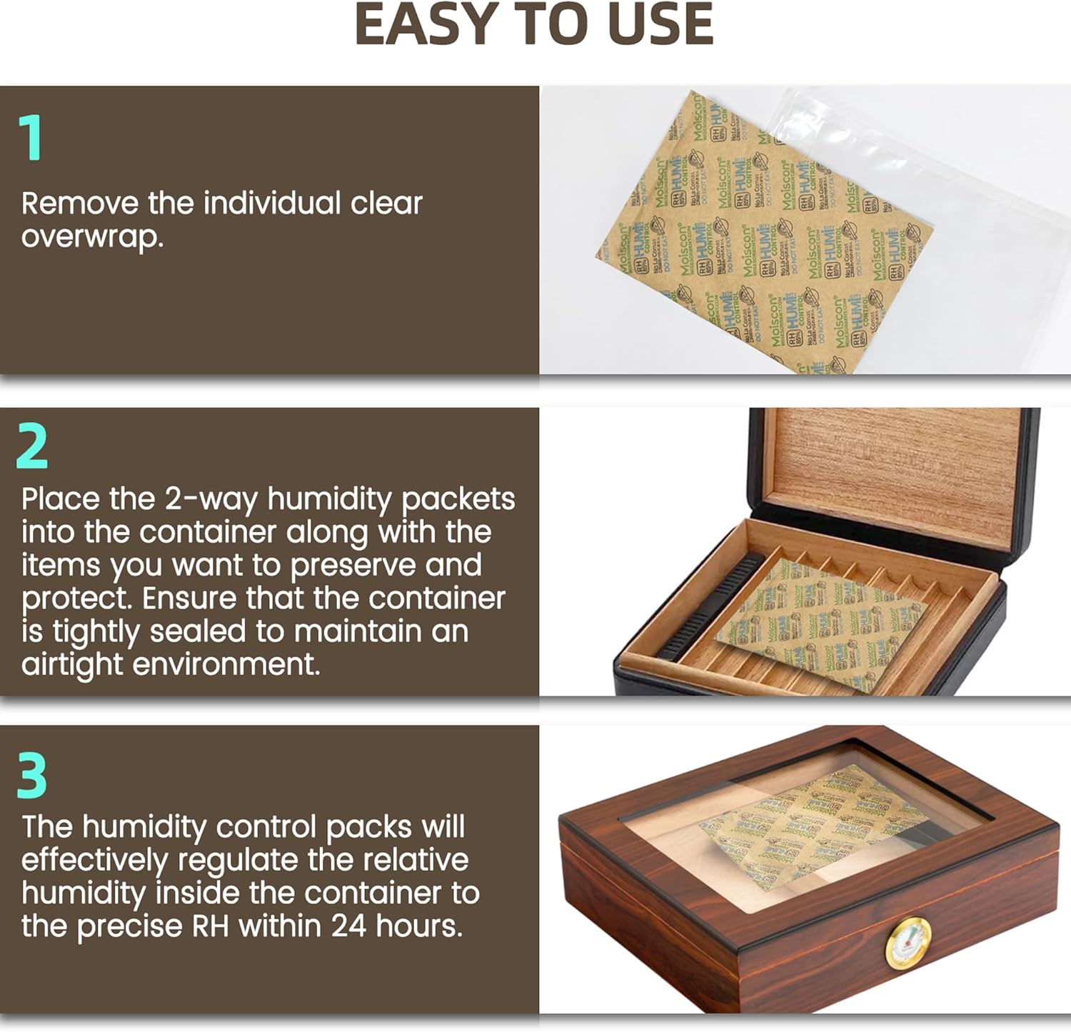 Wisesorb 85% Two-Way Humidity Control Packs, 60g 50 Pack for Storing 1 lb, Size 60 Seasoning Packets Moisture Control Packets Individually Wrapped, Humidifier Packs for Season Wood Humidifier Boxes