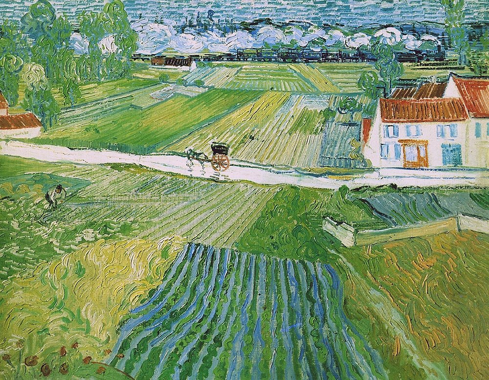Affiche Landscape with Carriage and Train de Van Gogh grand format mat