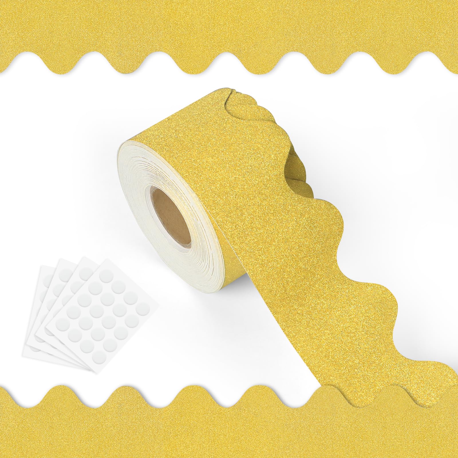 Aixoom 65.6 Feet Bulletin Board Borders Paper Glitter, Wavy Gold Borders Blackboard Trim, Scalloped Rolled with 80 Glue Dots Borders Paper for School Classroom Office Decoration (Gold)