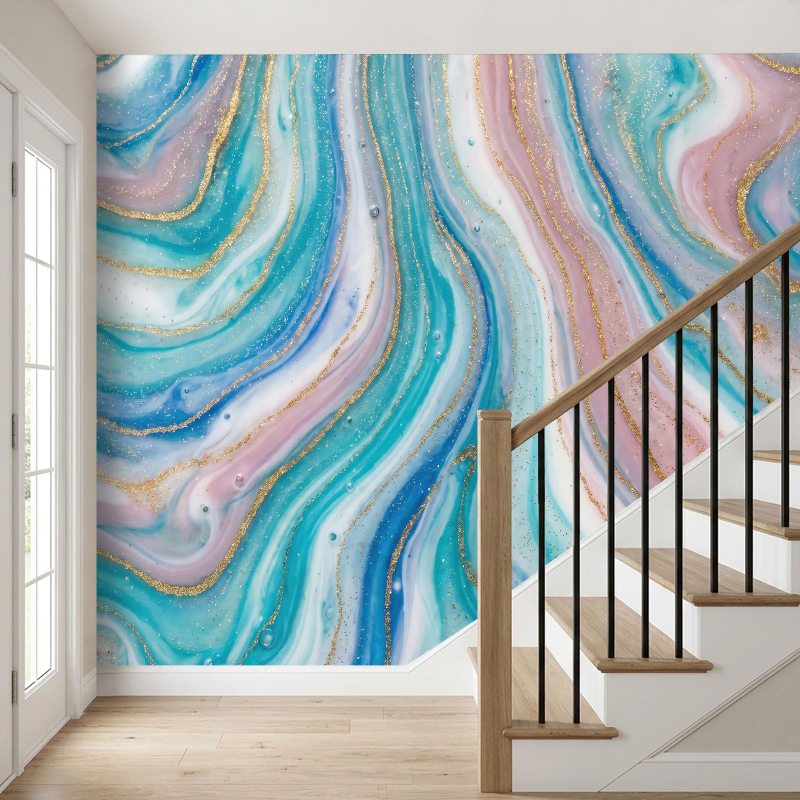 Papel pintado 3D panorámico de lujo discreto, efecto acuarela curvo póster, 250 x 175 cm (L x H) Papel pintado no tejido de pared para salón de niños, sofá TV fondo decoración, rosa azul