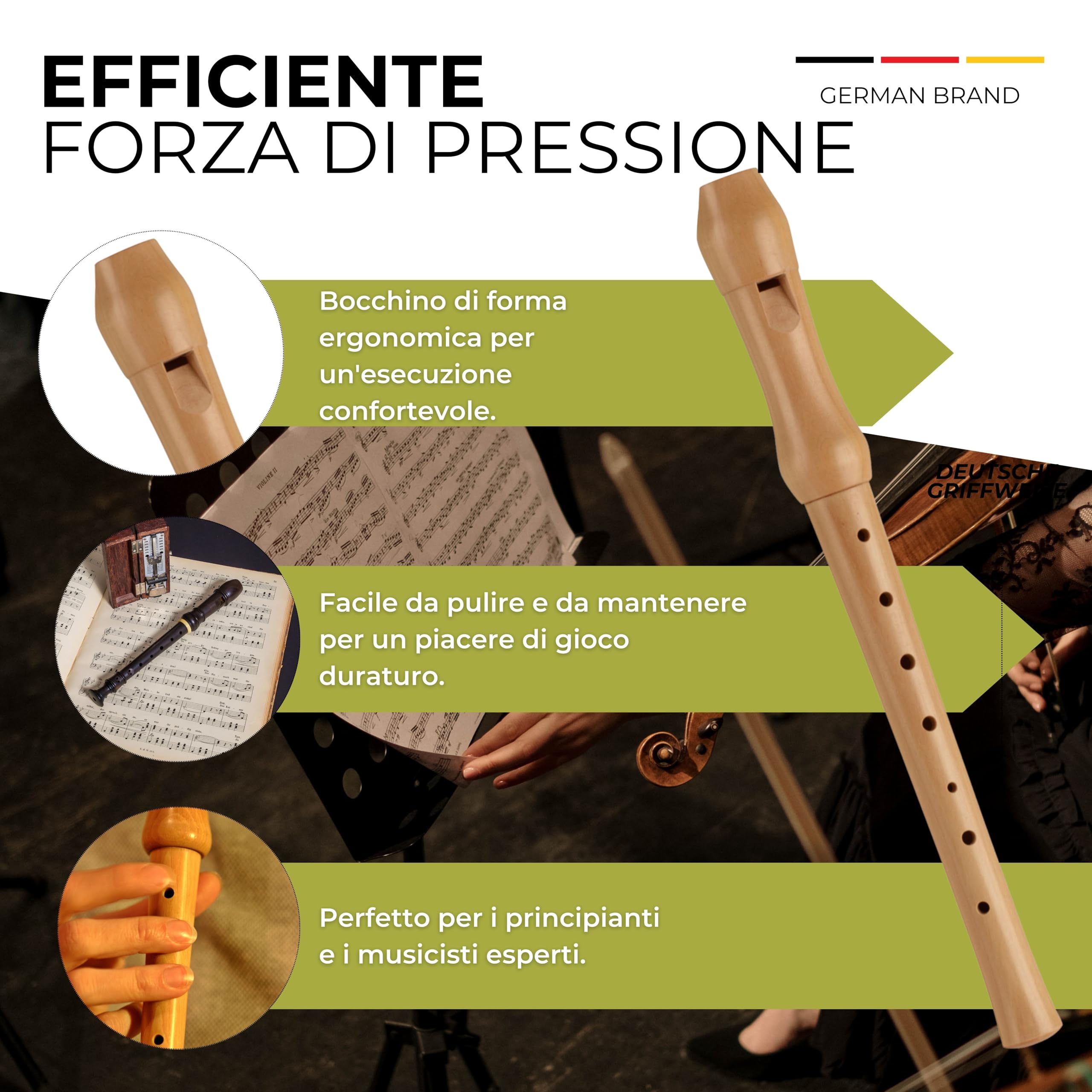 Flauto dolce in acero con diteggiatura tedesca in custodia
