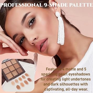Brown Eyeshadow Palette, Eye Shadow Pallets for Women, 9-Color Matte Shimmer Glitter Neutral Makeup Palette with Nude Gold Eyeshadow, Highly Pigmented Cream Eyeshadows with Bronzer & Contour