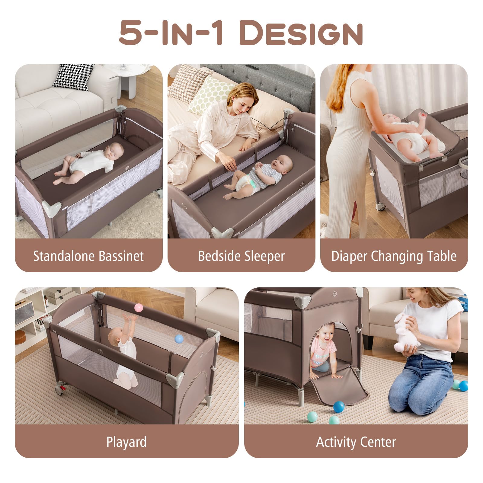 LIFEZEAL Lettino da Campeggio, Lettino per Bambini 0-3 Anni, Culla da Viaggio, Box, Co-sleeping, con Materasso, Fasciatoio, Giostrina, Ruote, Borsa, Pieghevole, Portatile, 125x65x119 cm (marrone)