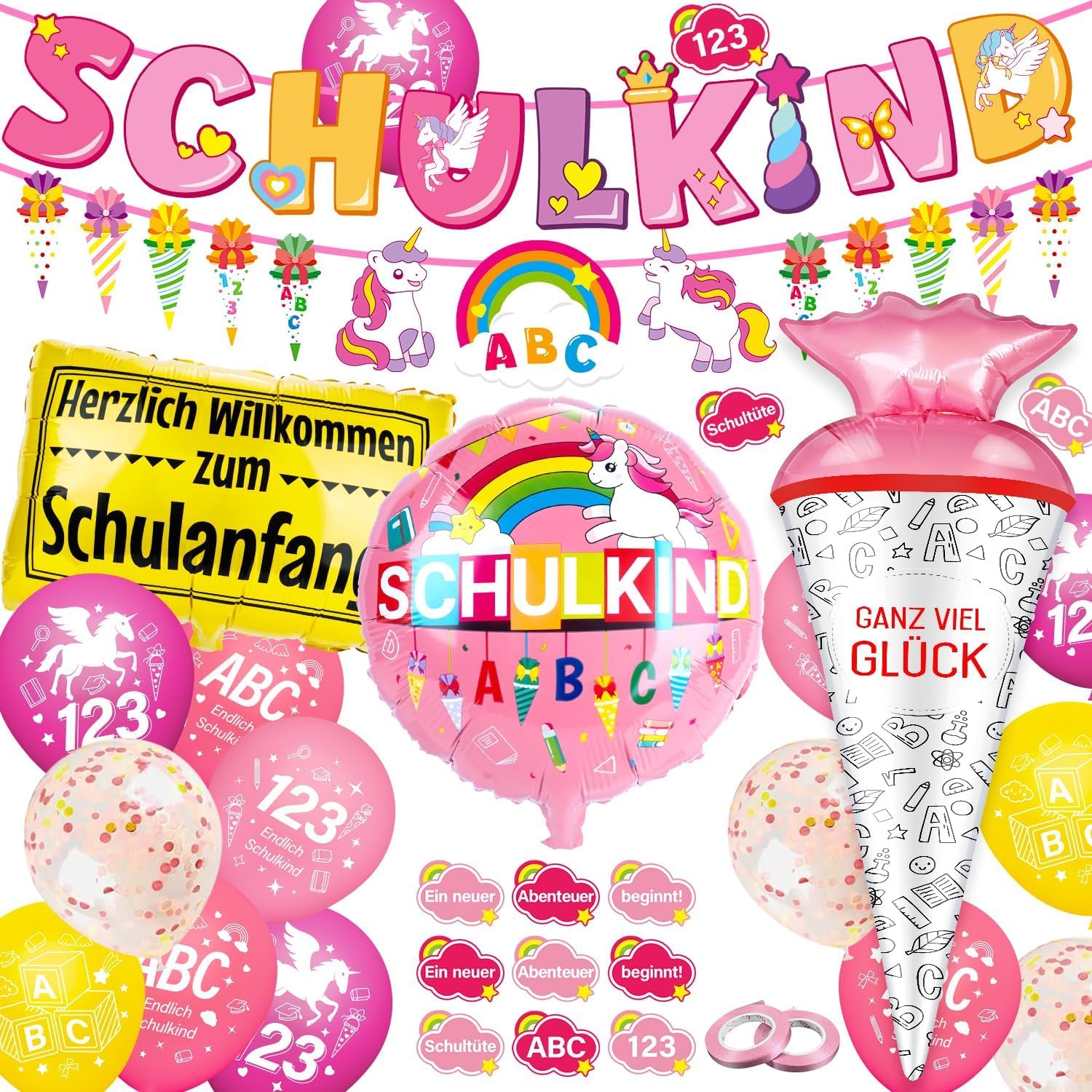 Maqhpu Einhorn Einschulung Deko für Mädchen und Jungen - Schulanfang Set mit Rosa Schulkind Banner, Einhorn Girlande, Schultüte Folienballon, Zuckertüte Luftballons (ABC 123) und Tortendeko