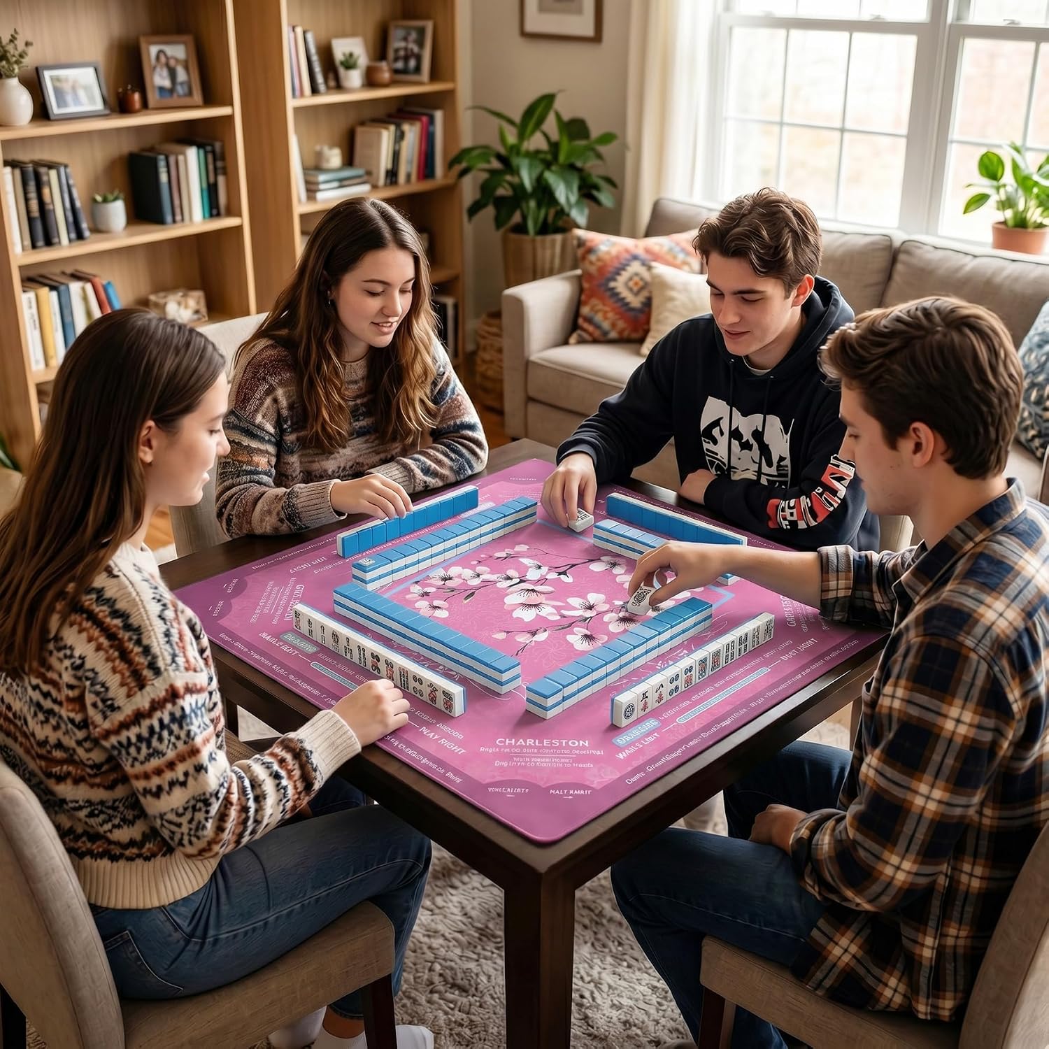 Pink American Mahjong Mat for Table 32.6x32.6 inch No Creases Rollup Packed with Velvet Bag Non Slip Mahjong Table Mat Noise Reduction Mahjong Mats with Rules (Pink Plum Blossom)
