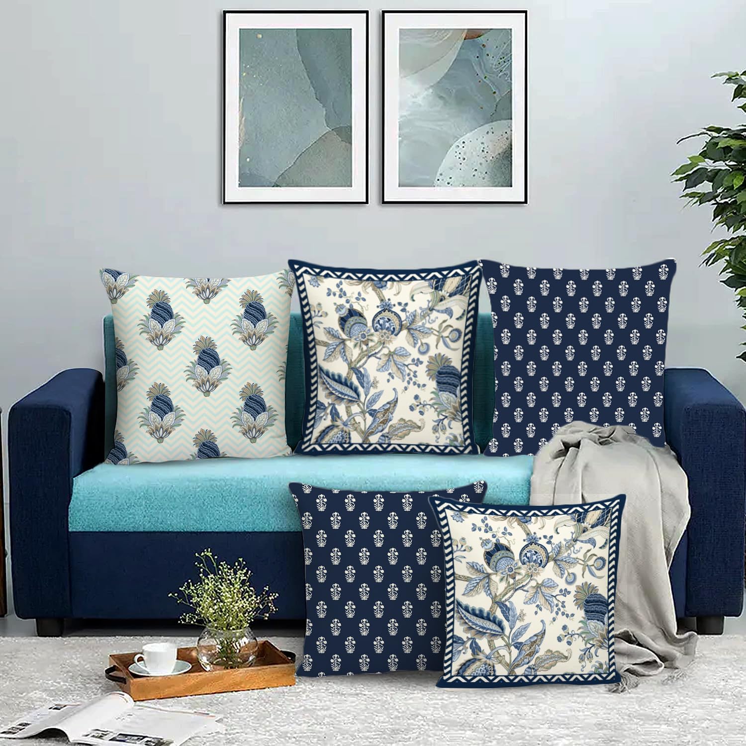 Caption Home Modern Cushion Covers | Throw Pillow Sofa | Sofa Cushion Covers 16 x 16 Inch Set of 5 - Navy Blue