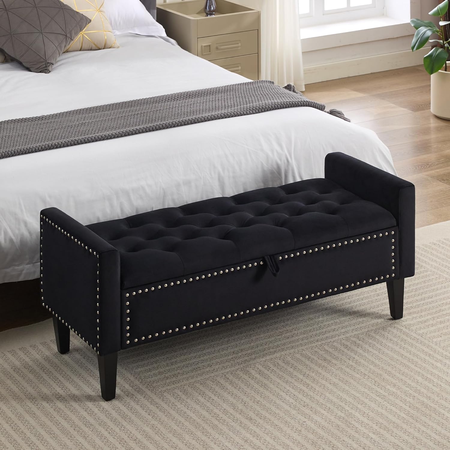 WUTUTUEE 47" Velvet Upholstered Storage Bench - End of Bed Ottoman with Hidden Storage & Wooden Legs for Bedroom, Living Room, Entryway