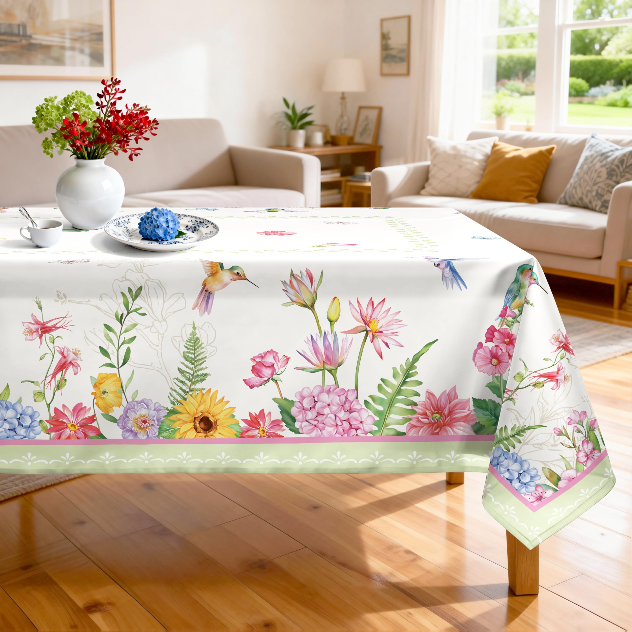 Arquiel Hummingbird Wildflowers Tablecloth Waterproof, Spring Summer Flower Table Cloth Rectangle Stain Resistant, Washable Table Cover for Party