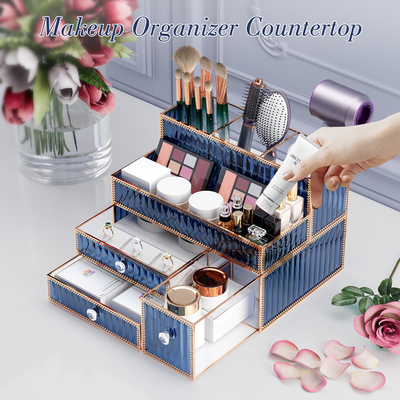 Youdepot Makeup Organizer Blue - Tempered Glass Vanity Organizer for Cosmetics, Skincare, Hair Tools, Brushes, Perfume - Multipurpose Bathroom Counter Skincare Organizer