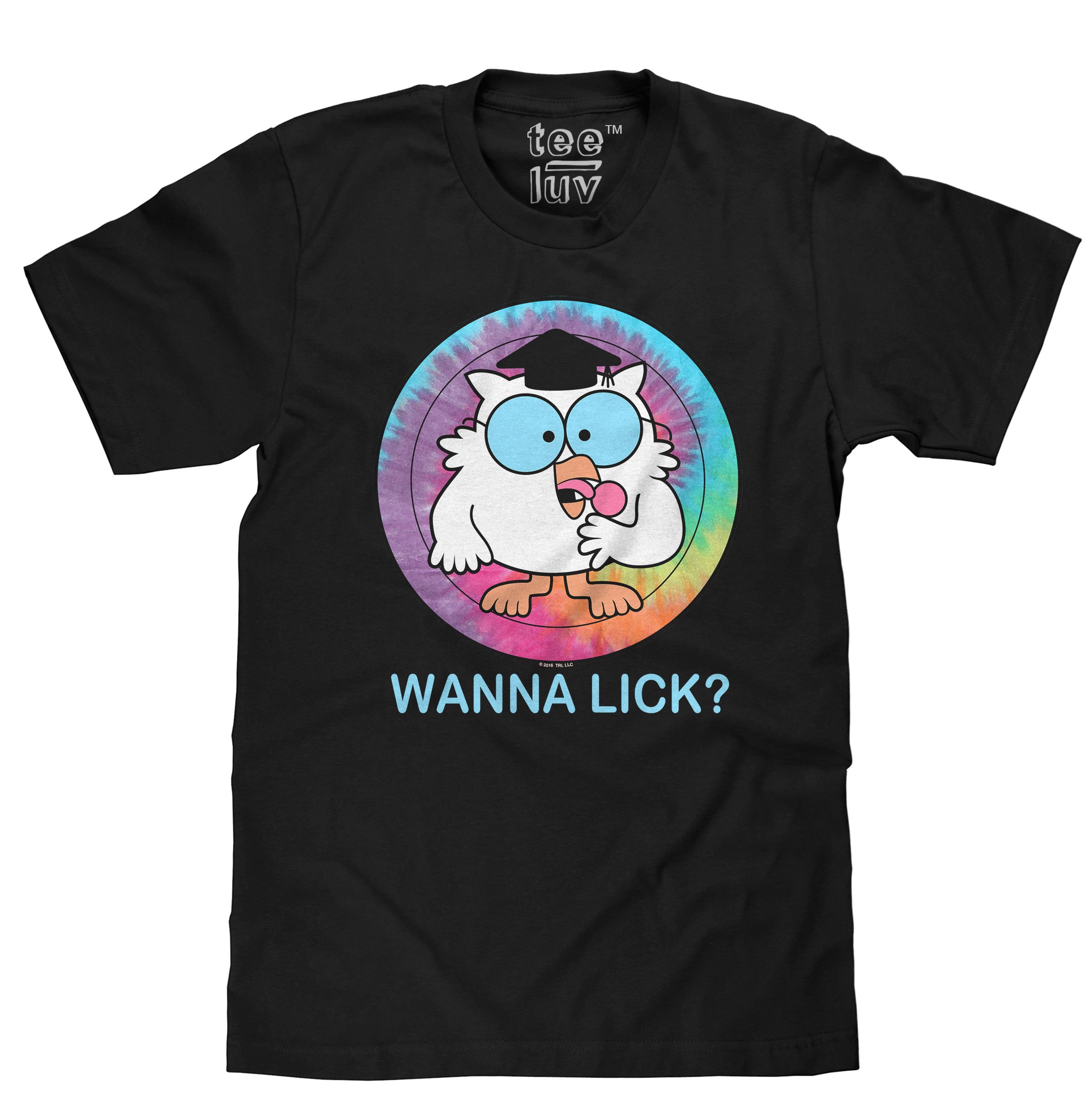 Tee Luv Mr. Owl Wanna Lick? T-Shirt - Licensed Tootsie Roll Pop Tee (Large) Black