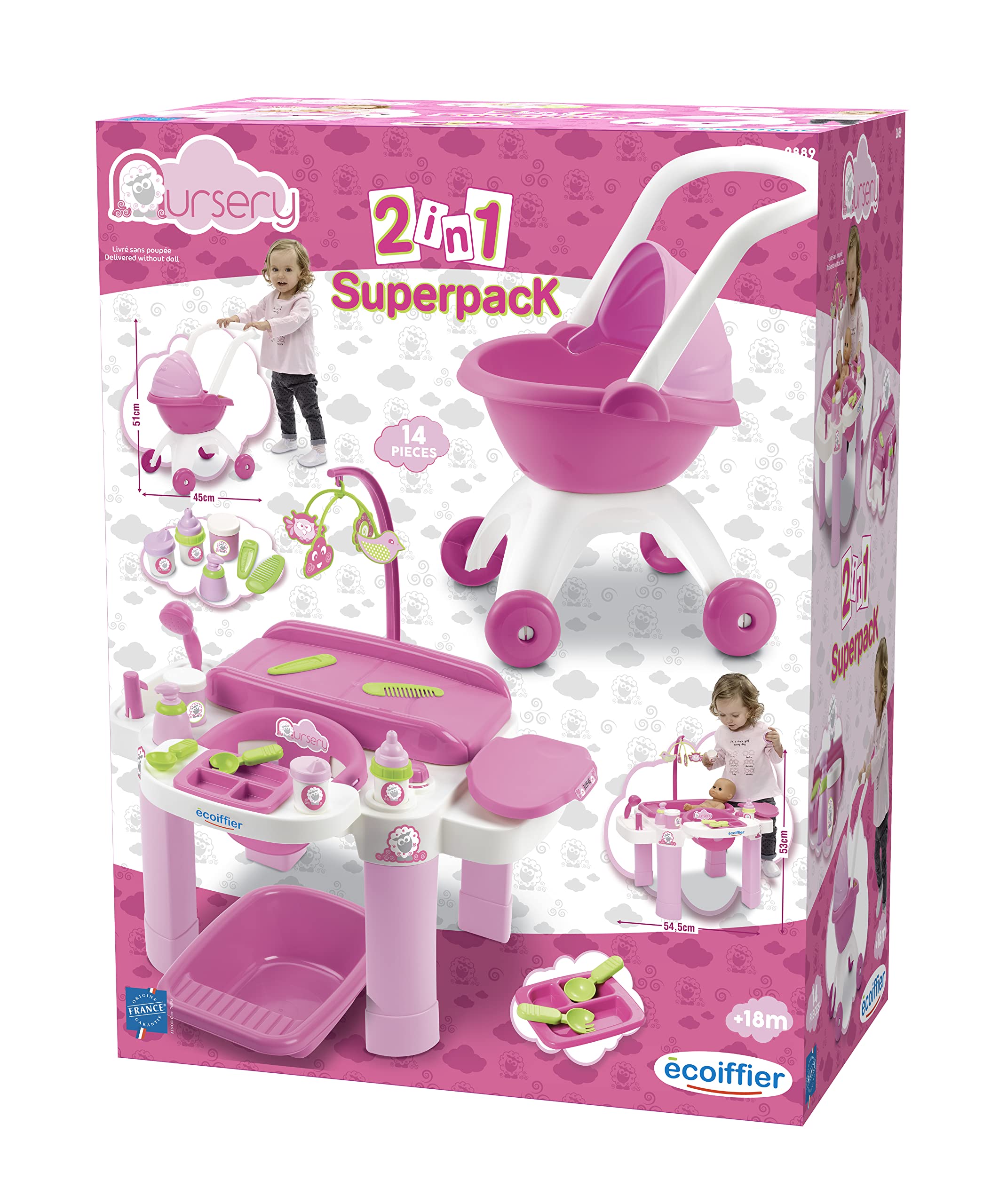 Giocattoli Ecoiffier 2889 Super Pack Nursery - Nursery per bambola con carrozzina - da 18 mesi - Made in France