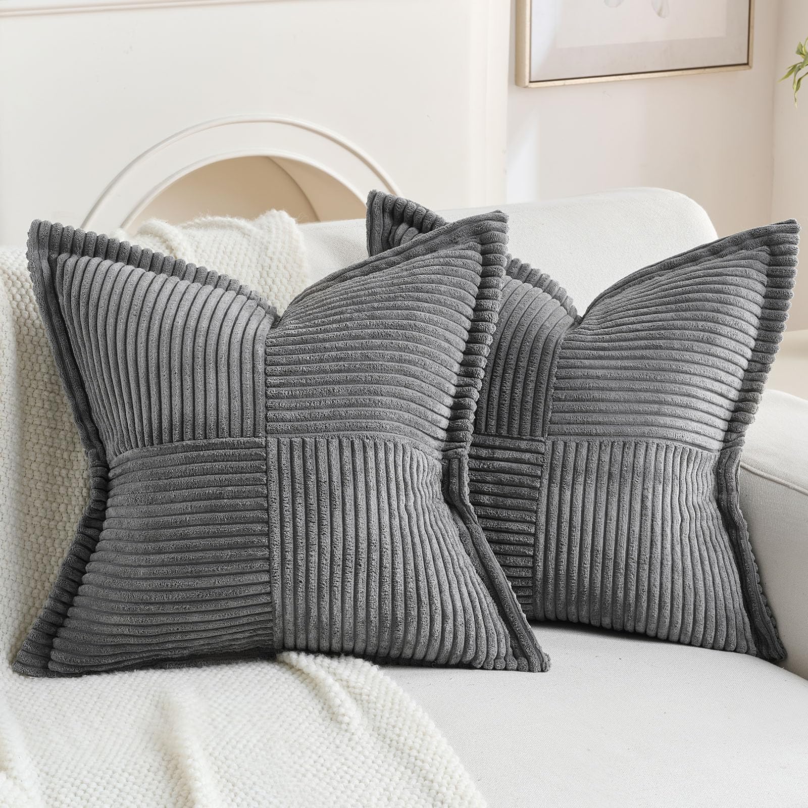 FUTEI Set of 2 Corduroy Cushion Covers 45 x 45 cm, Dark Grey