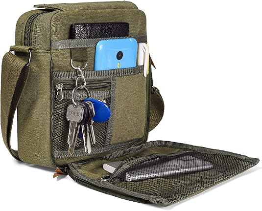 Canvas Small Messenger for Men Women, Mini Crossbody Shoulder Chest Travel Bag, Multi-pocket Purse