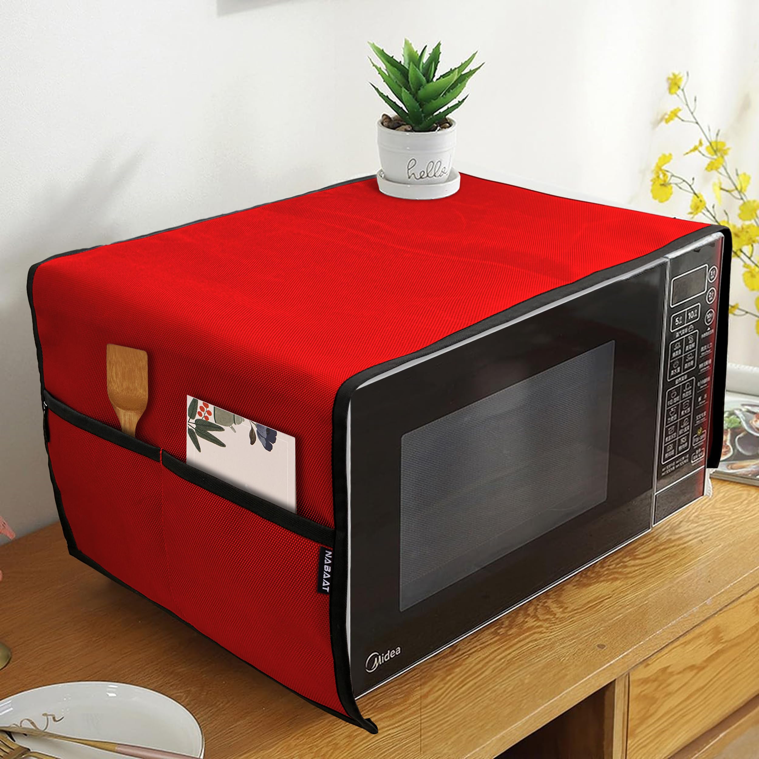NABAAT Microwave Oven Cover for Kitchen Decor Durable Dustproof Waterproof Modern Design with 4 Side Pockets for Kitchen Accessories - 100 x 35cm (Red)