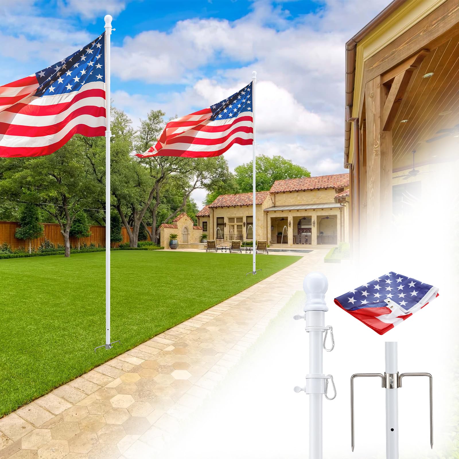 Ground Flag Pole for Outside House - 8.5 FT Tangle Free Heavy Duty Flag Pole Kit with Windproof Stand,Outdoor Inground Flag Holder for Yard Garden, Includes Bonus 3x5 American Flag, White, 2-Pack