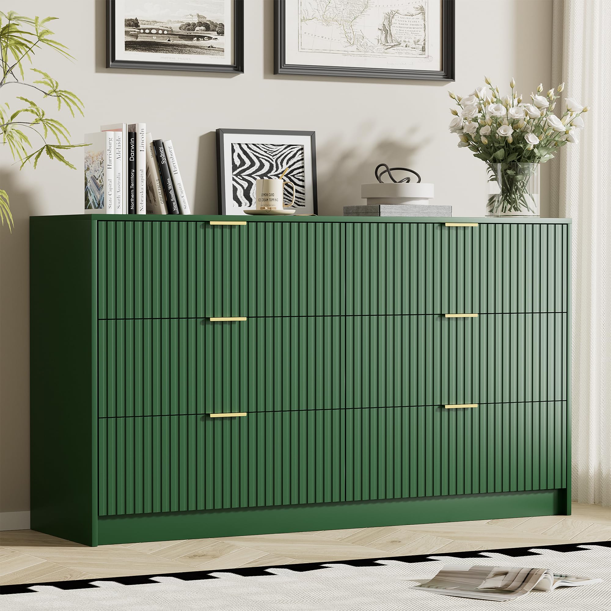 Furniway 55.1" Wide Green Dresser for Bedroom, Fluted 6 Drawer Dresser