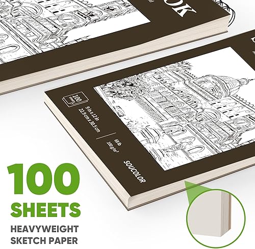 Miniatura 36 de Soucolor - Cuaderno de bocetos de 9 x 12 pulgadas, paquete de 1 de 100 hojas, encuadernado en espiral, libre de ácido (68 libras/100 g/m²), bloc