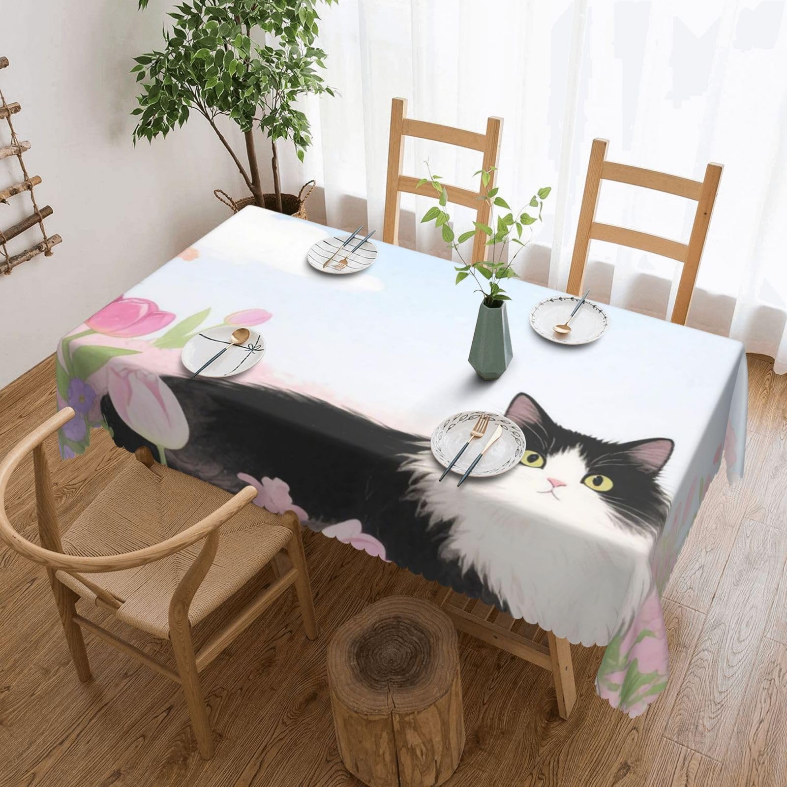 FekiLoot Rectangle Tablecloth 54 X 72 Inch, Classic Stain ‎Resistant Table Cloth Reusable Washable Table Cover Cat Floral Watercolor Tabletop Decor for Kitchen Dining Party Indoor Outdoor Use