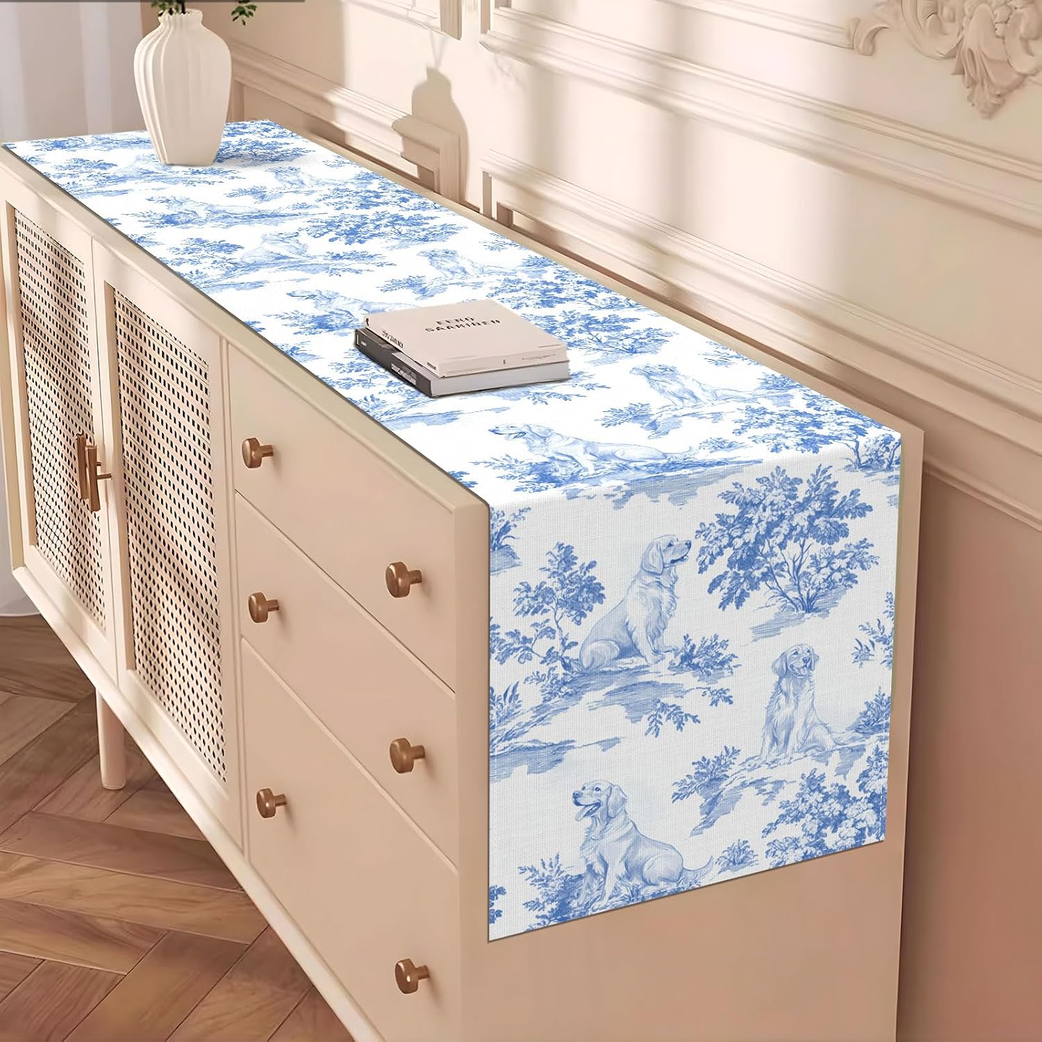 Chinoiserie Golden Retriever Table Runner Toile de Jouy Blue and White Oriental Gold Dog Birthday Party Decoration Home Kitchen Dining Room Table Decor (13" x 72", Golden Retriever) image 5