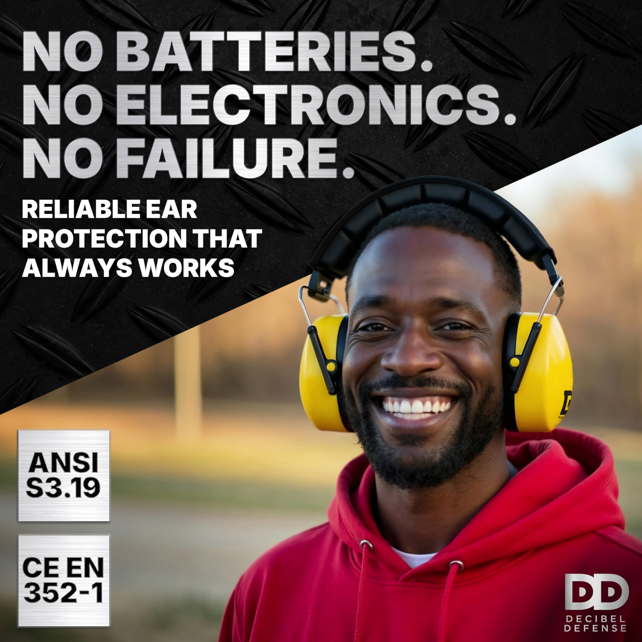 DECIBEL DEFENSE Orejeras de seguridad profesionales 37dB NRR – La protección auditiva más alta y cómoda para disparos y uso industrial – La mejor protección auditiva garantizada (seguridad amarilla)
