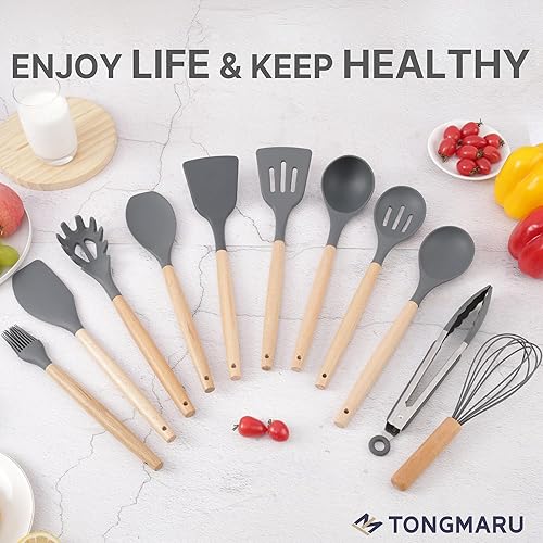 Miniatura 4 de Juego de utensilios de cocina de silicona, juego de utensilios de cocina con mango de madera de haya de alta calidad, antiadherentes, espátula,