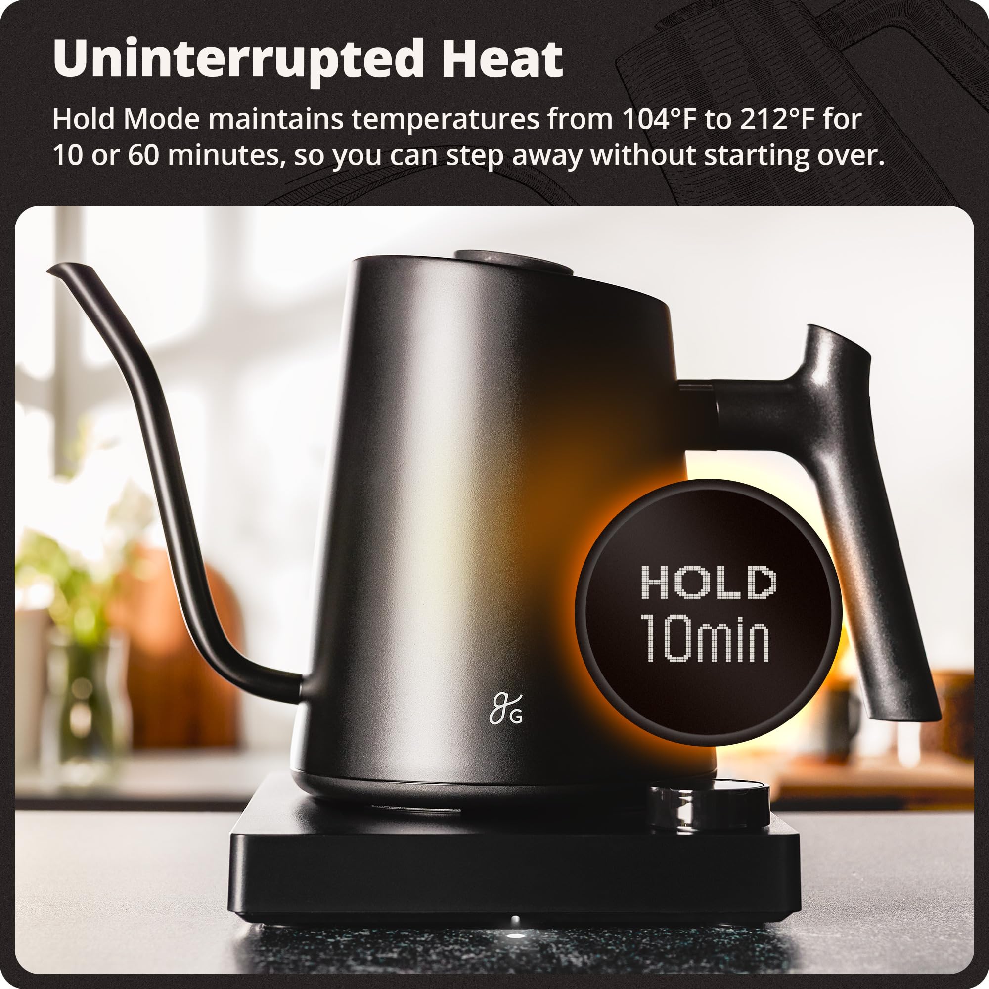 Greater Goods - Hervidor eléctrico de cuello de cisne de acero inoxidable de 1200 W con control de temperatura de precisión, ebullición rápida, sin BPA, ideal para verter sobre café y té, 0.8 L (negro