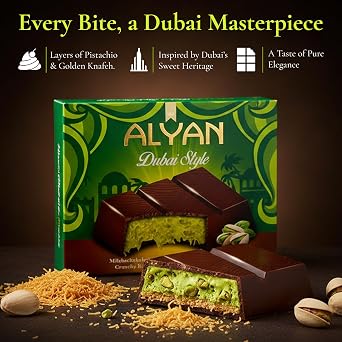 Alyan Dubai Chocolate Bar Pistachio Kunafa – Authentic UAE Milk Chocolate 100g | Cream-Filled Luxury Treat with Kadayif Kataifi | Viral Gourmet Gift Snack for Kids, Family & Friends (2 pack)