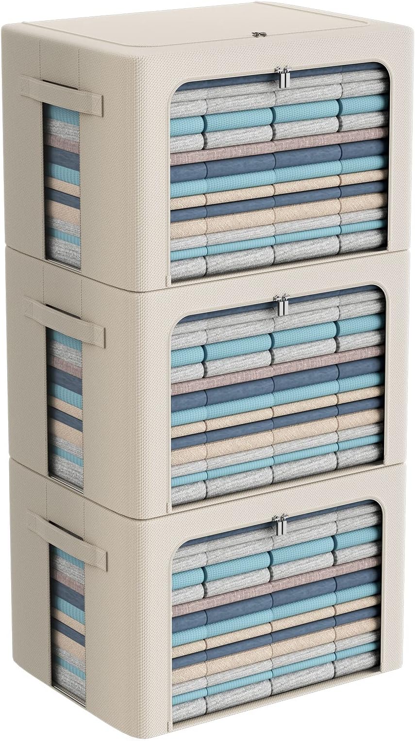 CYhom 3Pack Frame Storage Box - Clothes Storage Bin Bags Oxford Fabric Foldable Stackable Container Organizer Set with Clear Window & Carry Handles Large Capacity (Beige, Extra Large-100L)
