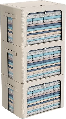 Miniatura 25 de Paquete de 3 cajas de almacenamiento con marco, bolsas de almacenamiento de ropa, tela Oxford, plegable, apilable, juego organizador con ventana