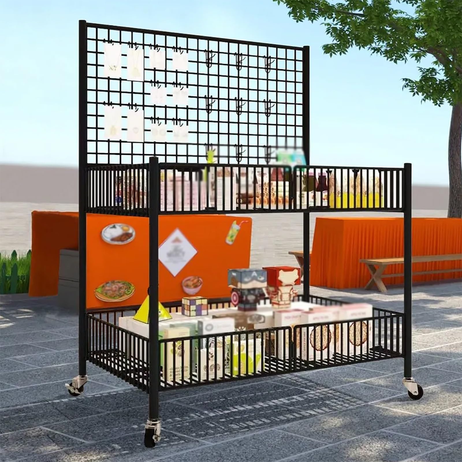 Marktstand, Imbisswagen Rollbarer Verkaufsständer aus Metalldraht mit 4 Rädern und 10 Haken, mobiler Straßenimbisswagen für Kunsthandwerksmessen/Flohmärkte/Events, Gitterwand-Paneel(Black,65cm)