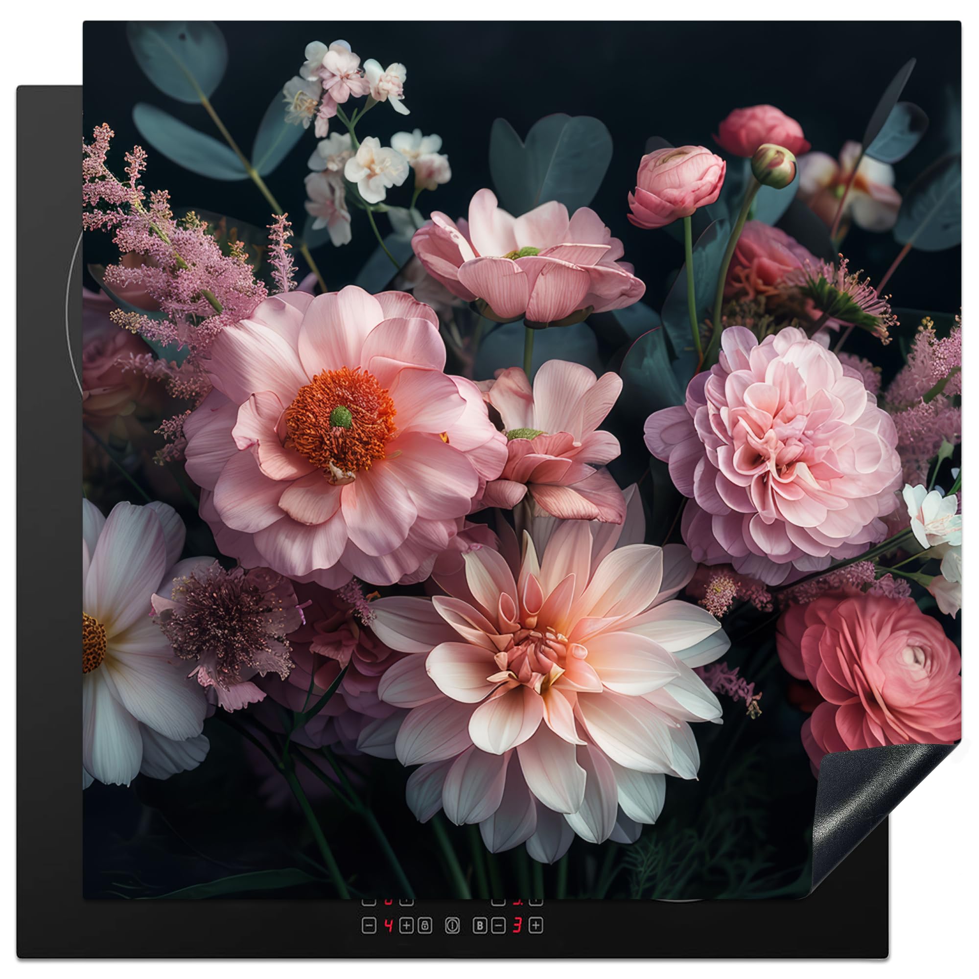 KitchenYeah© Induction Hob Cover Protector Mat 30.7"x30.7" / 78x78 cm Kitchen Universal Ceramic Covers for Electric Cookers Vinyl Flowers - Colourful - Pink - Plants