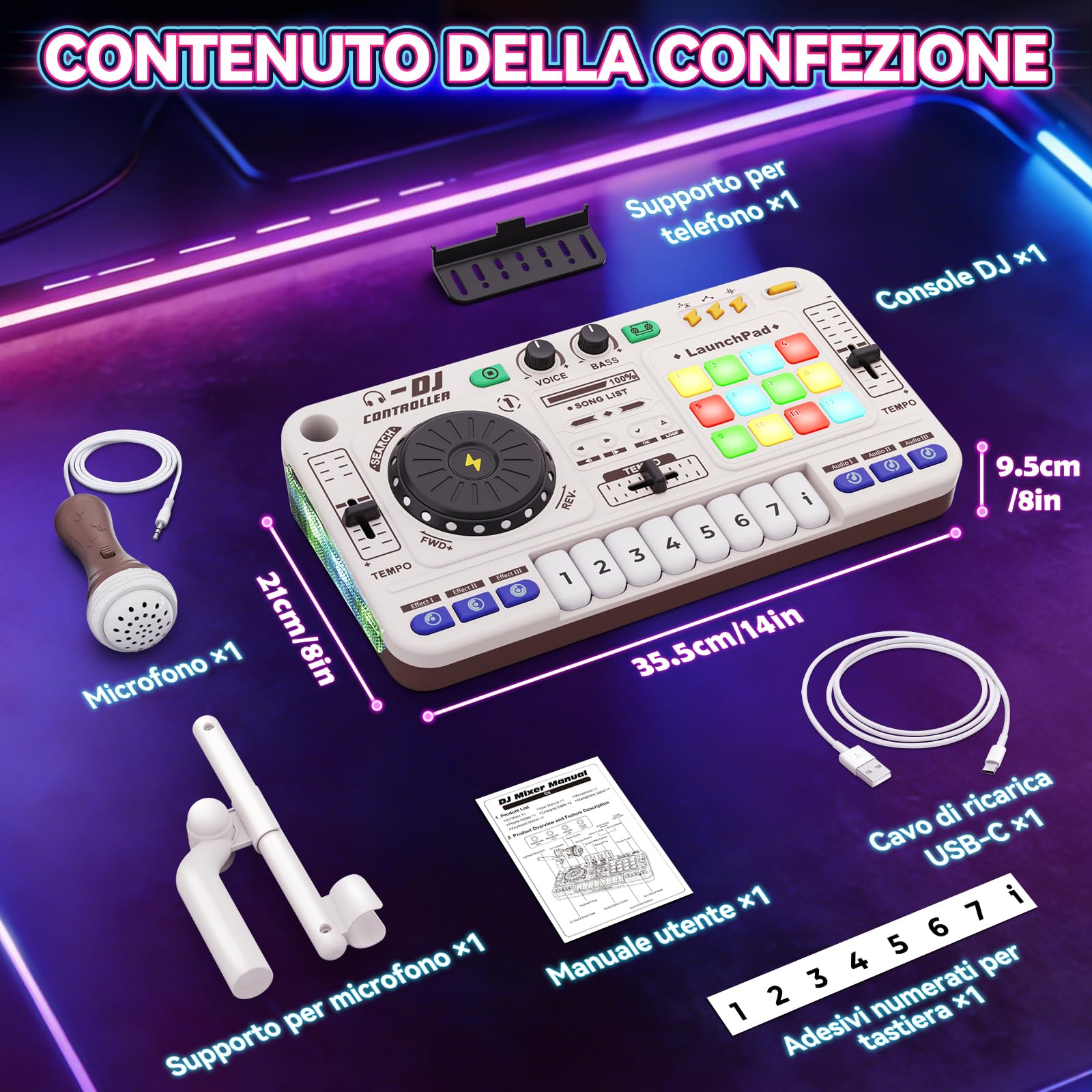 Console DJ per bambini, controller DJ, mixer DJ bambini con funzione di registrazione, 100+ effetti sonori, giradischi DJ realistico e drum pads, regalo per bambini e bambine 3-11 anni, Bianco