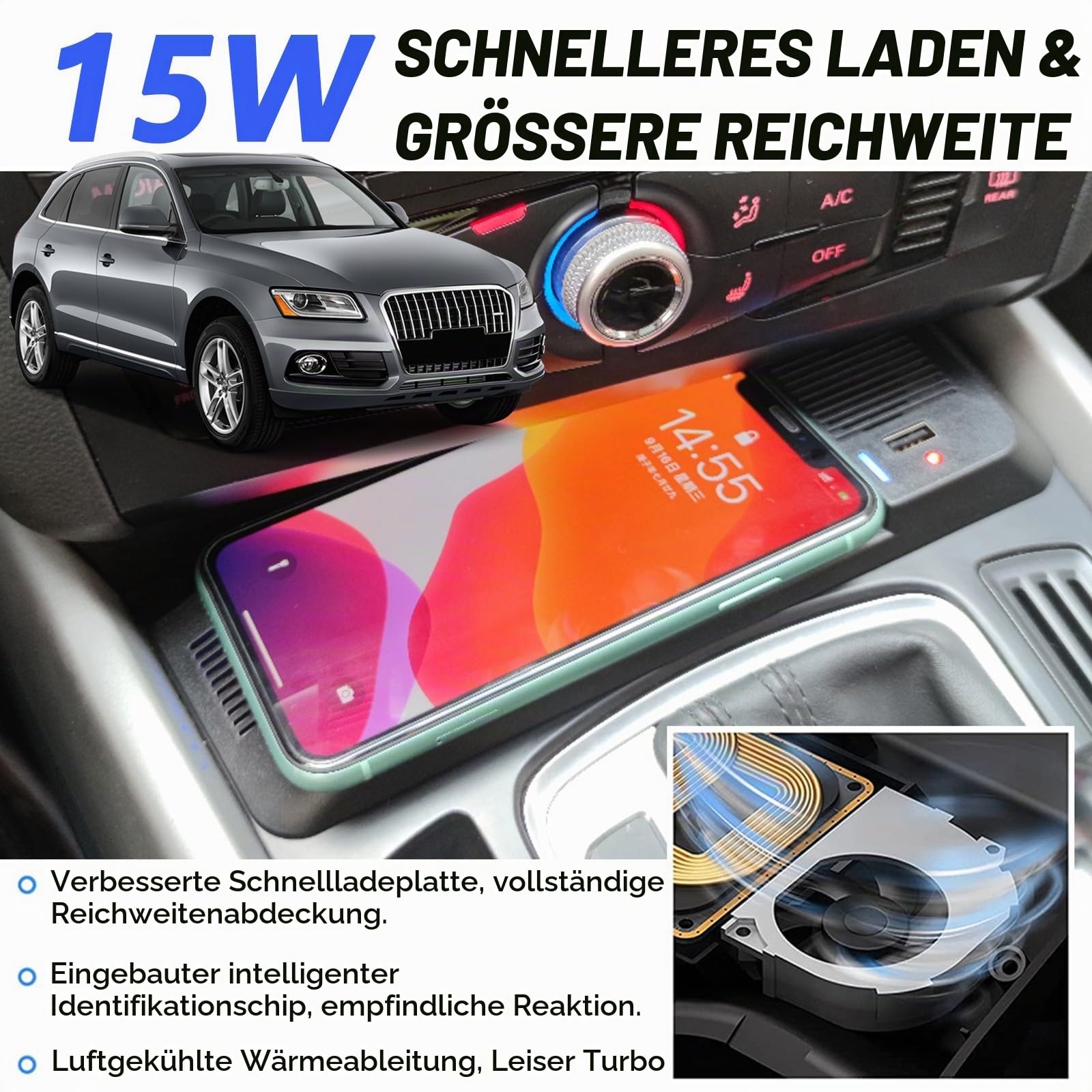 Kabelloses Auto Ladegerät für Audi A4 B8 Allroad Q5 SQ5 A5 S5 RS5 Zubehör | 15W Schnellladendes Handy-Ladegerät für Audi A4 2008-2016 Audi A5/S5 2008-2016 RS5 2012-2014 Audi Q5 2010-2018 SQ5 2014-201