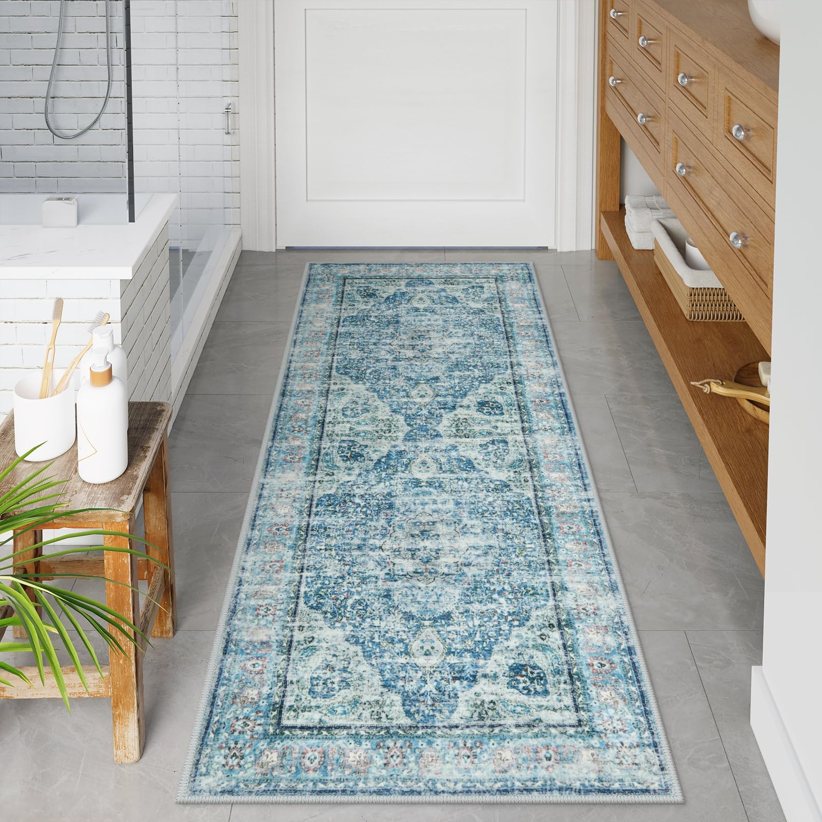 Uphome Bathroom Runner Rug, Distressed Tribal Farmhouse Light Blue Bathroom Mat, Long Bathroom Rugs Non Slip Washable, Oriental Retro Boho Bath Mat
