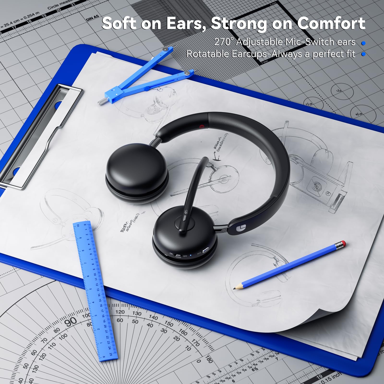 Dytole Cuffie wireless con microfono per lavoro, cuffie Bluetooth 5.3 con microfono a cancellazione del rumore, cuffie wireless con batteria 65 ore e ricarica rapida 10 minuti, dock di ricarica