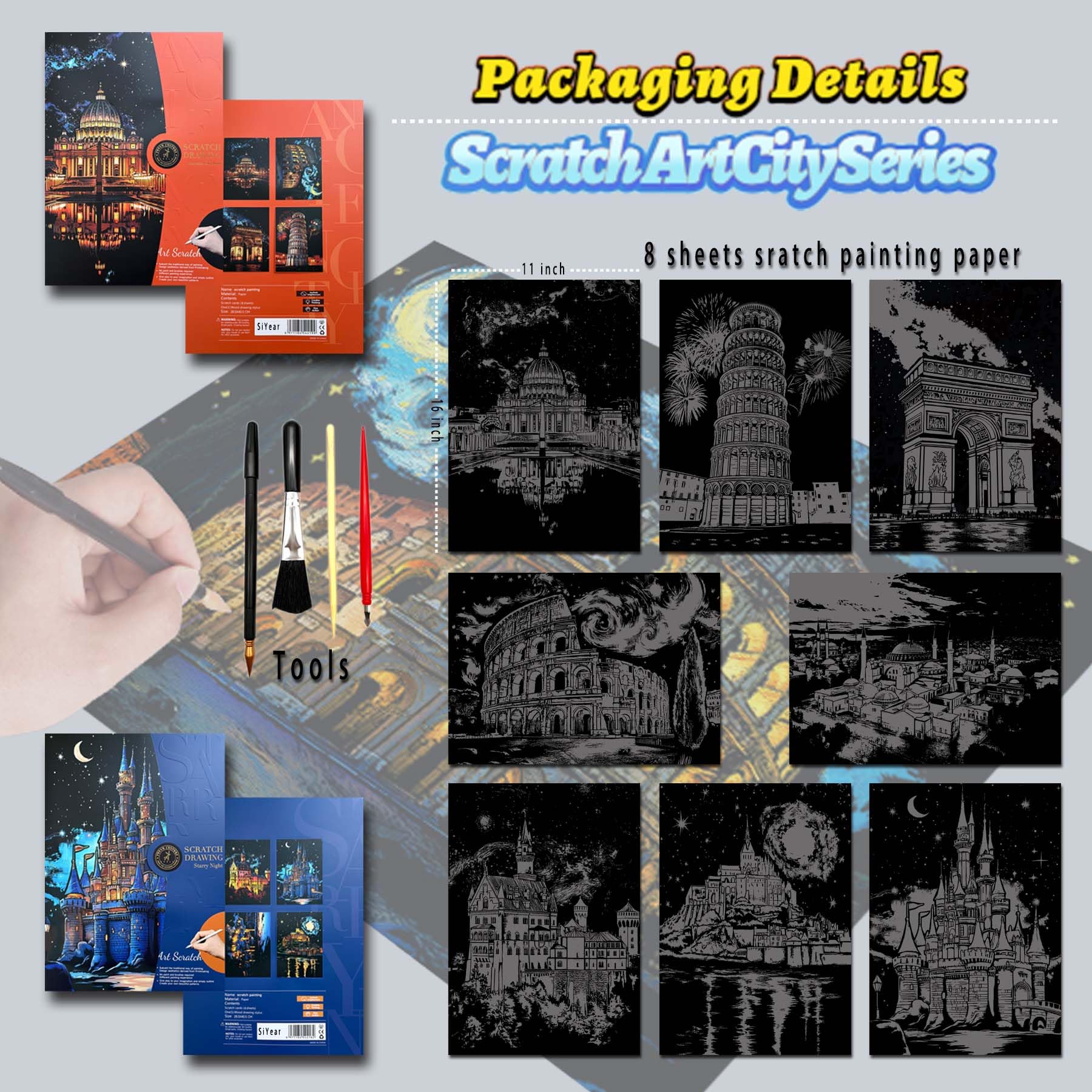 SiYear Scratch Art Painting Paper Set for Adults & Kids,Landmark Building City Series Night Scene,Scratchboard Creative Gift DIY Foil Engraving Crafts with 4 Tools (Europe Series-A3-8Pack) - Image 3