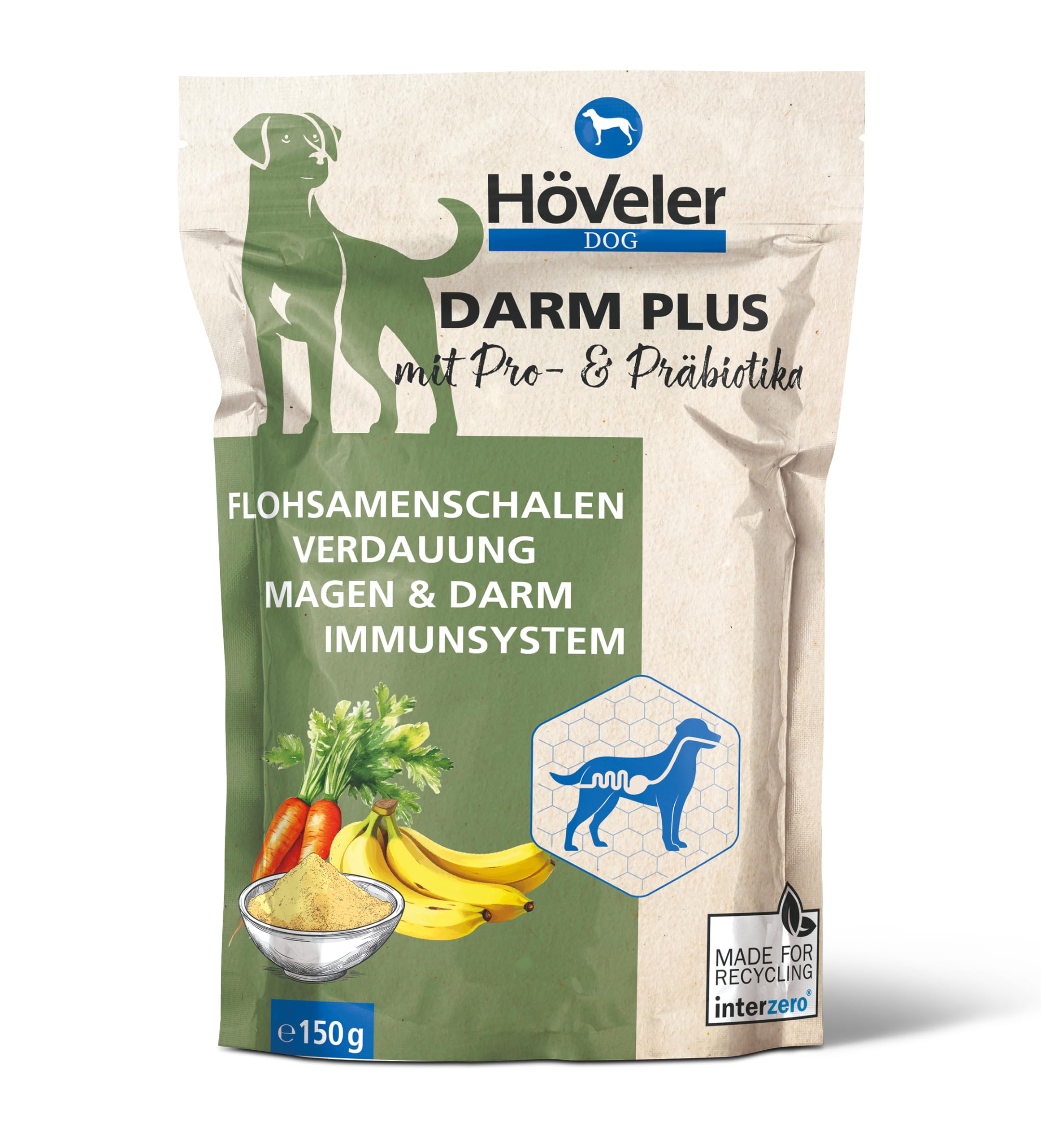 Höveler Dog DARM Plus 150 g – Ergänzungsfuttermittel für Hunde – mit Probiotika und Präbiotika – Unterstützung des Verdauungstraktes