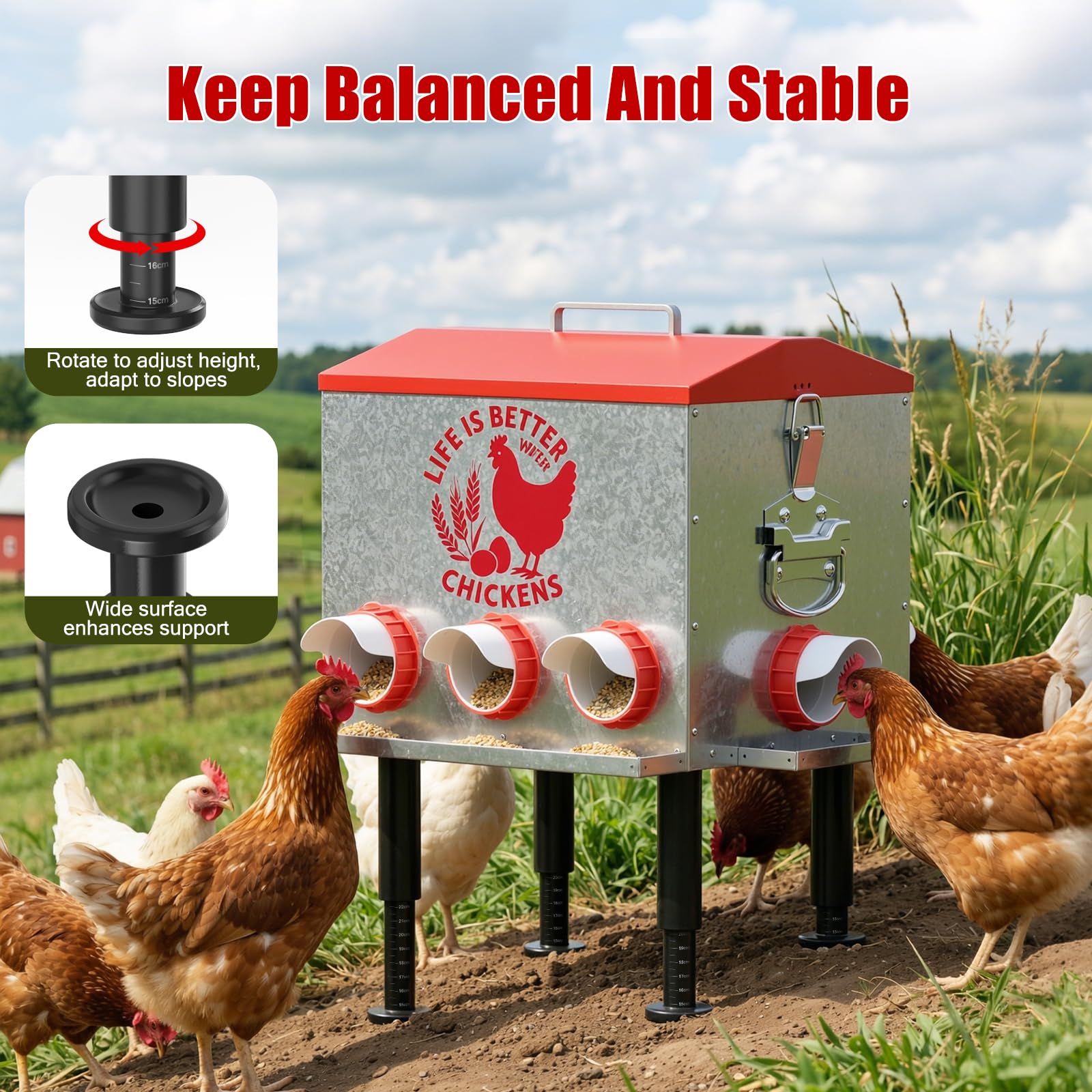 Pawaboo Comedero automático para pollos de 55 libras, comedero de aves de corral de gran capacidad, 7 puertos de alimentación, ventana de nivel de alimentación visible, patas ajustables en altura