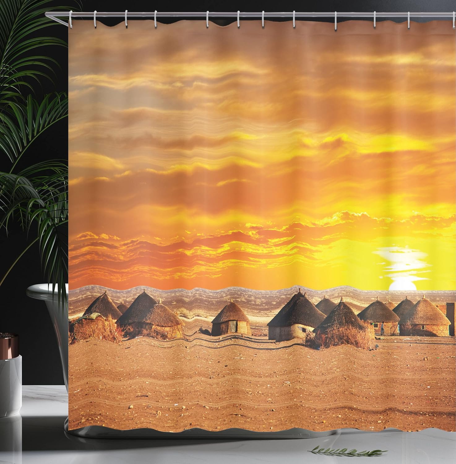 Ambesonne African Shower Curtain, Landscape of a Small Town with Horizon Skyline at Dawn Ethiopian Photography, Cloth Fabric Bathroom Decor Set with Hooks, 69" W x 84" L, Orange
