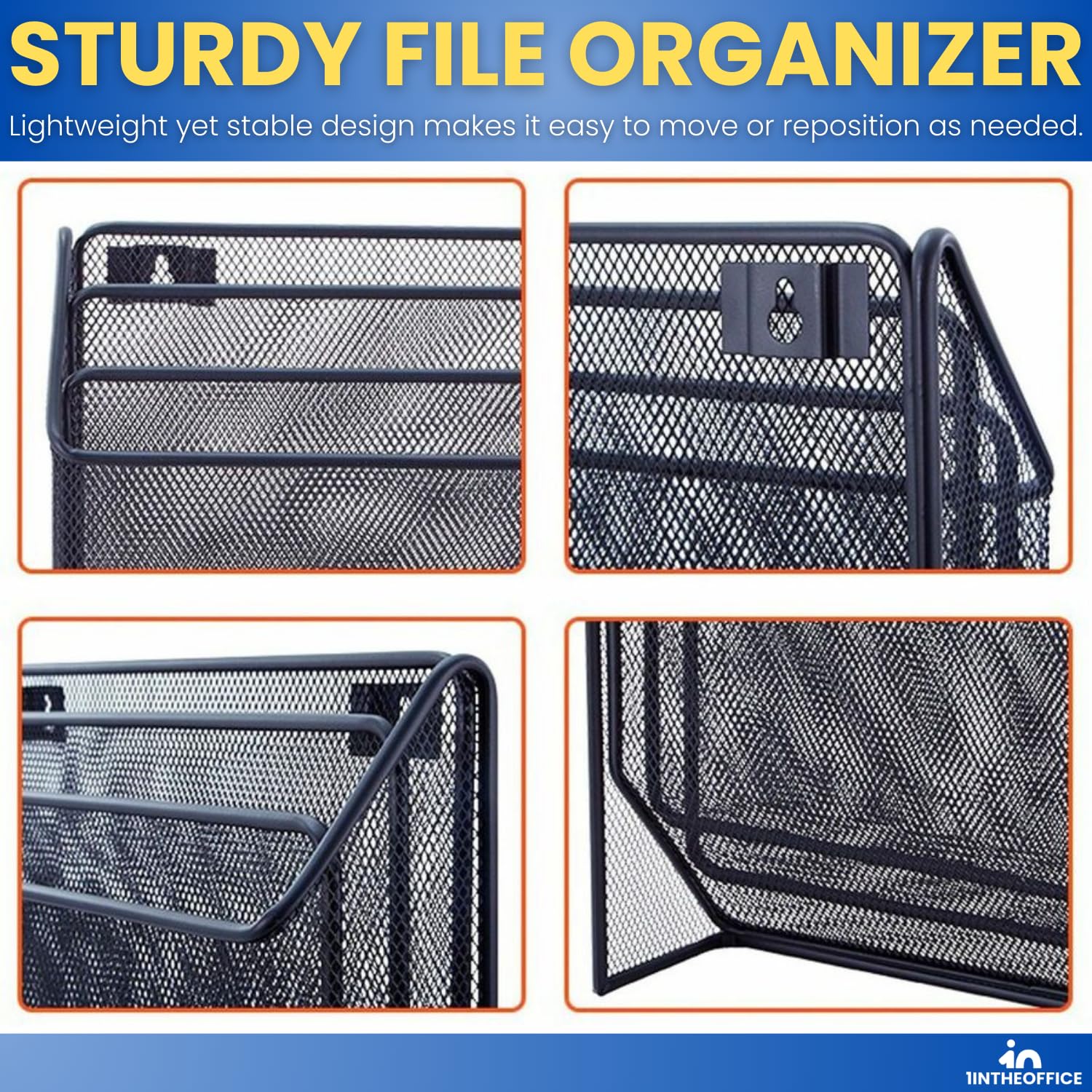 1InTheOffice - Organizer da parete a 3 livelli, organizer da scrivania in rete metallica, in rete nera, organizer da scrivania in rete nera opaca