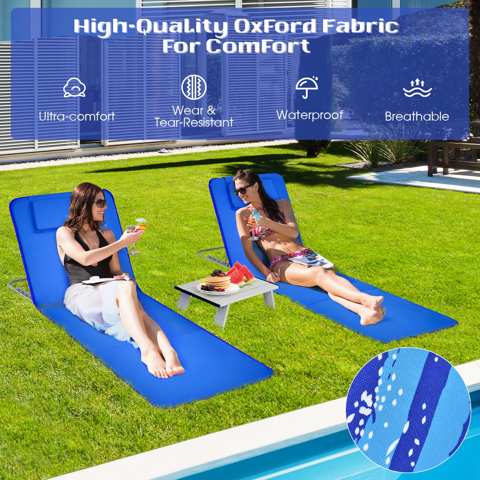 GIANTEX Lot de 2 Matelas de Plage Pliables avec Table d’Appoint, Chaises Longue Plage Réglables en 5 Positions avec Appui-Tête Amovible, Poche pour Jardin, Plage, Camping (Bleu)