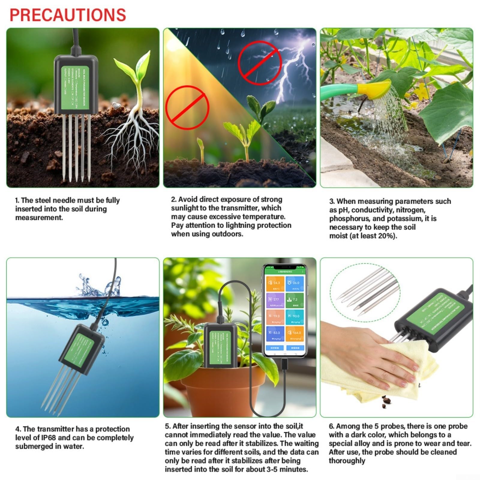 Sonde de sol USB 8 en 1, testeur de sol, avec pH de la température, humidité et mesure NPK, étanche IP68 pour Android, agriculture, jardinage, aménagement paysager