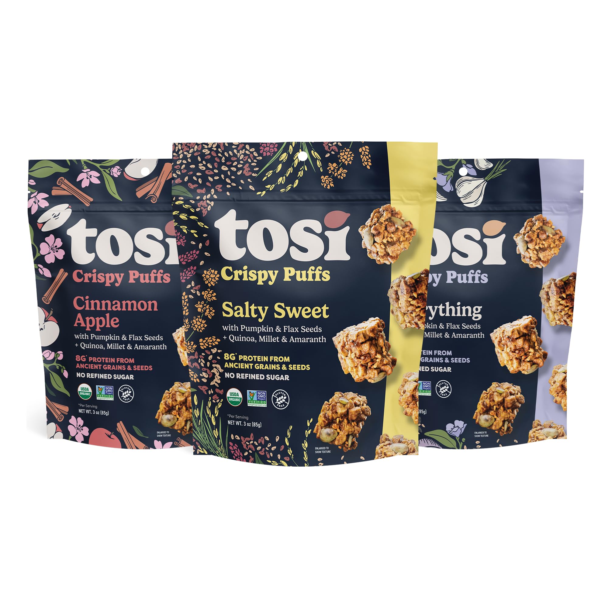 - Tosi Crispy Puffs (3oz, 3 Pack), Vegan Crunchy Snacks, 8g Plant Based Protein, Nut-Free, Allergen Friendly, Healthy Snacks for Adults & Kids, Gluten Free Treats, Ancient Grains (Variety)
