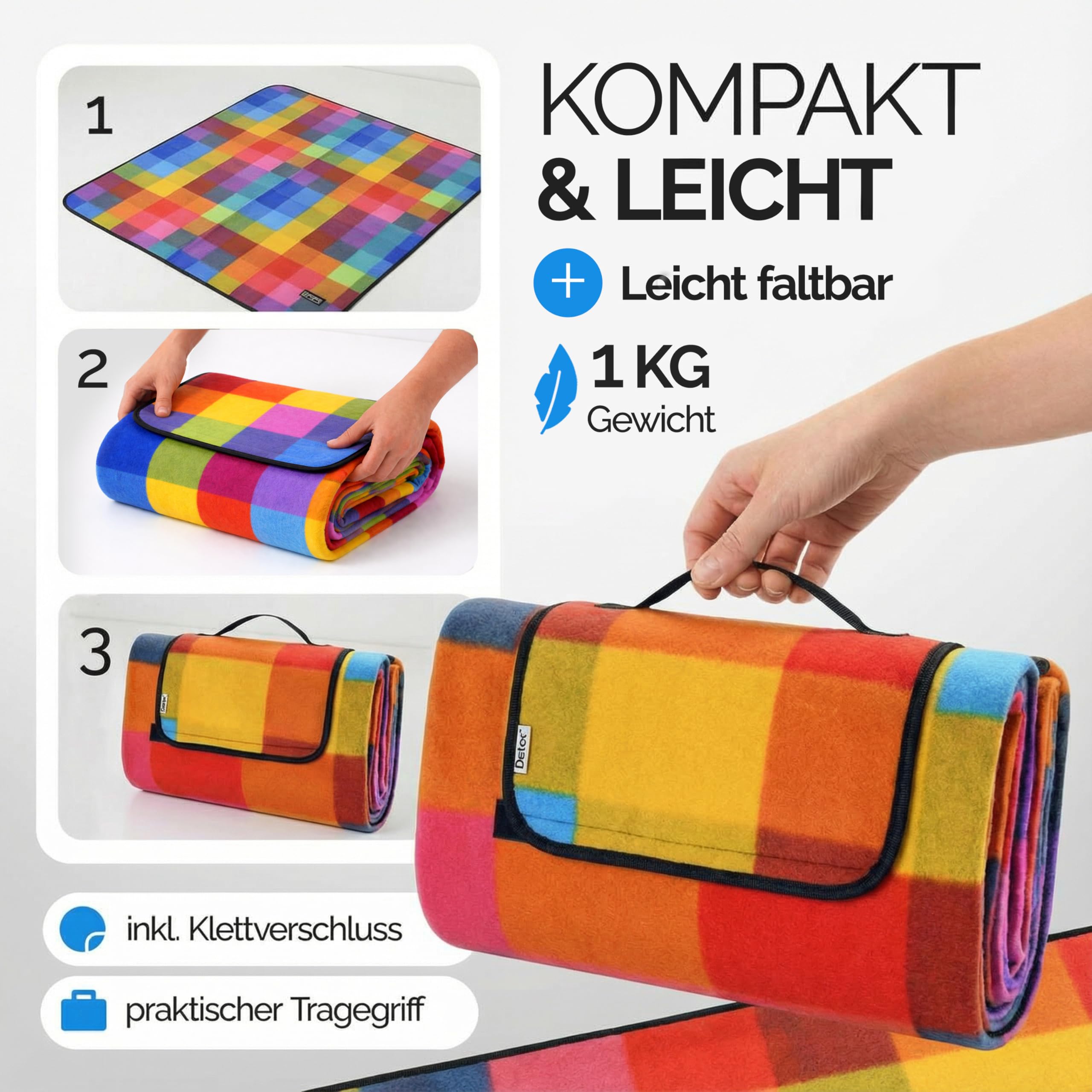 DETEX Picknickdecke Campingdecke XXL 200x200 cm Wasserdicht Wärmeisoliert Waschbar Fleece Faltbar für 4-6 Personen Garten Stranddecke Pixel