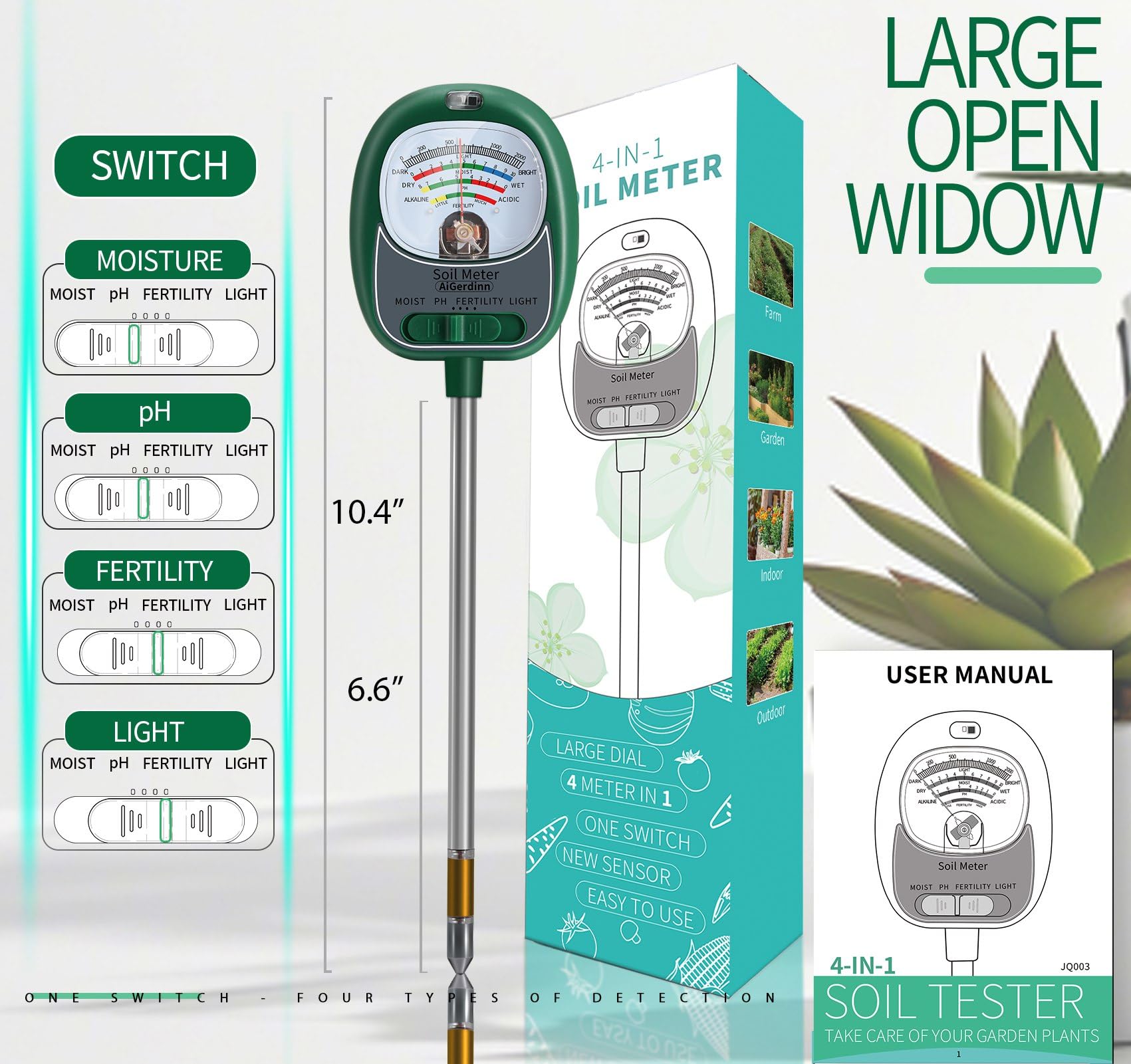 Probador de suelo, medidor de humedad del suelo/medidor de pH del suelo/luz solar/fertilidad para jardinería, medidor de pH de suelo de esfera grande, medidor de agua de plantas para jardín