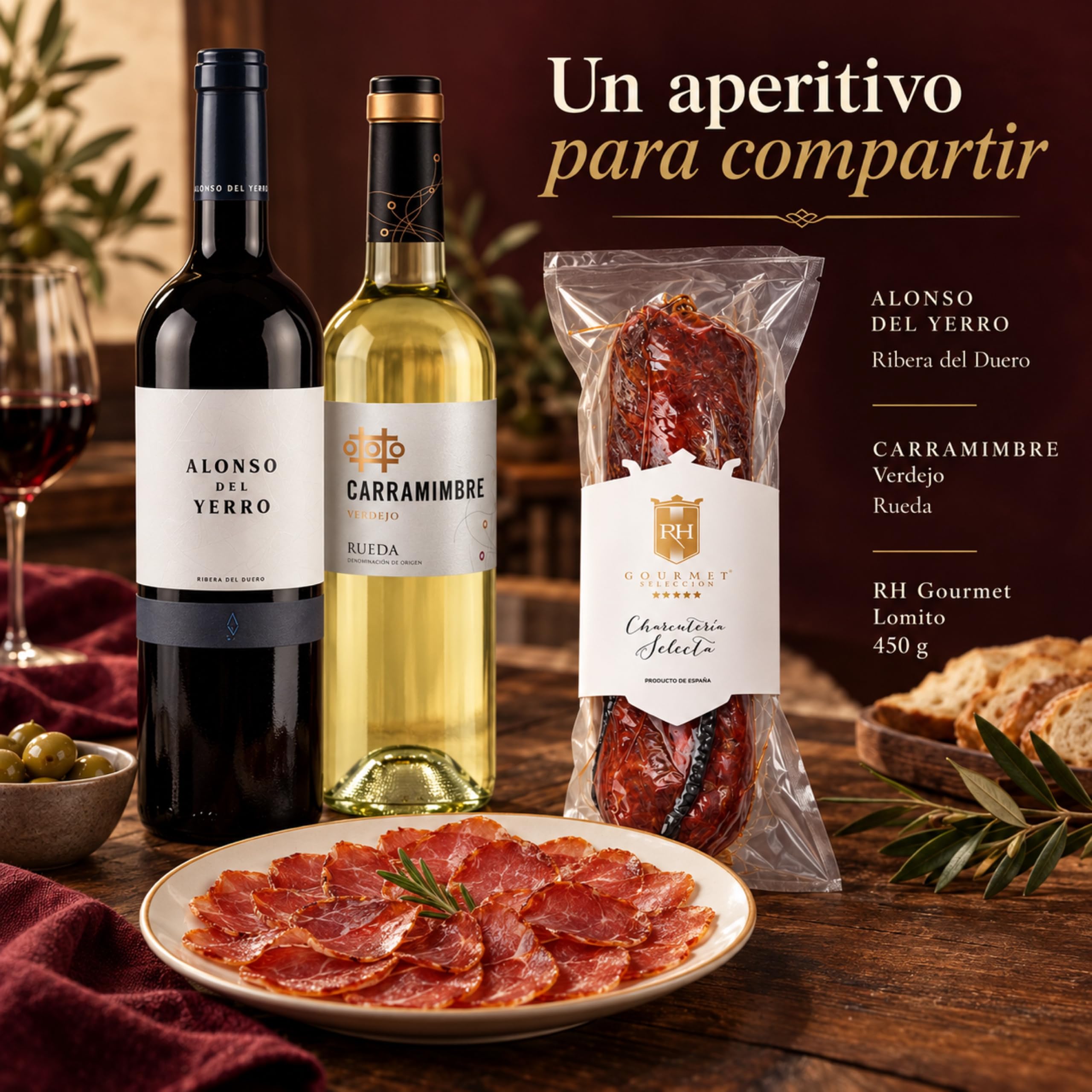 Cesta gourmet Navidad Alonso del Yerro y Carramimbre Verdejo con lomito ibérico de bellota 100% 450 g RH Gourmet, pack de 2 botellas 75 cl