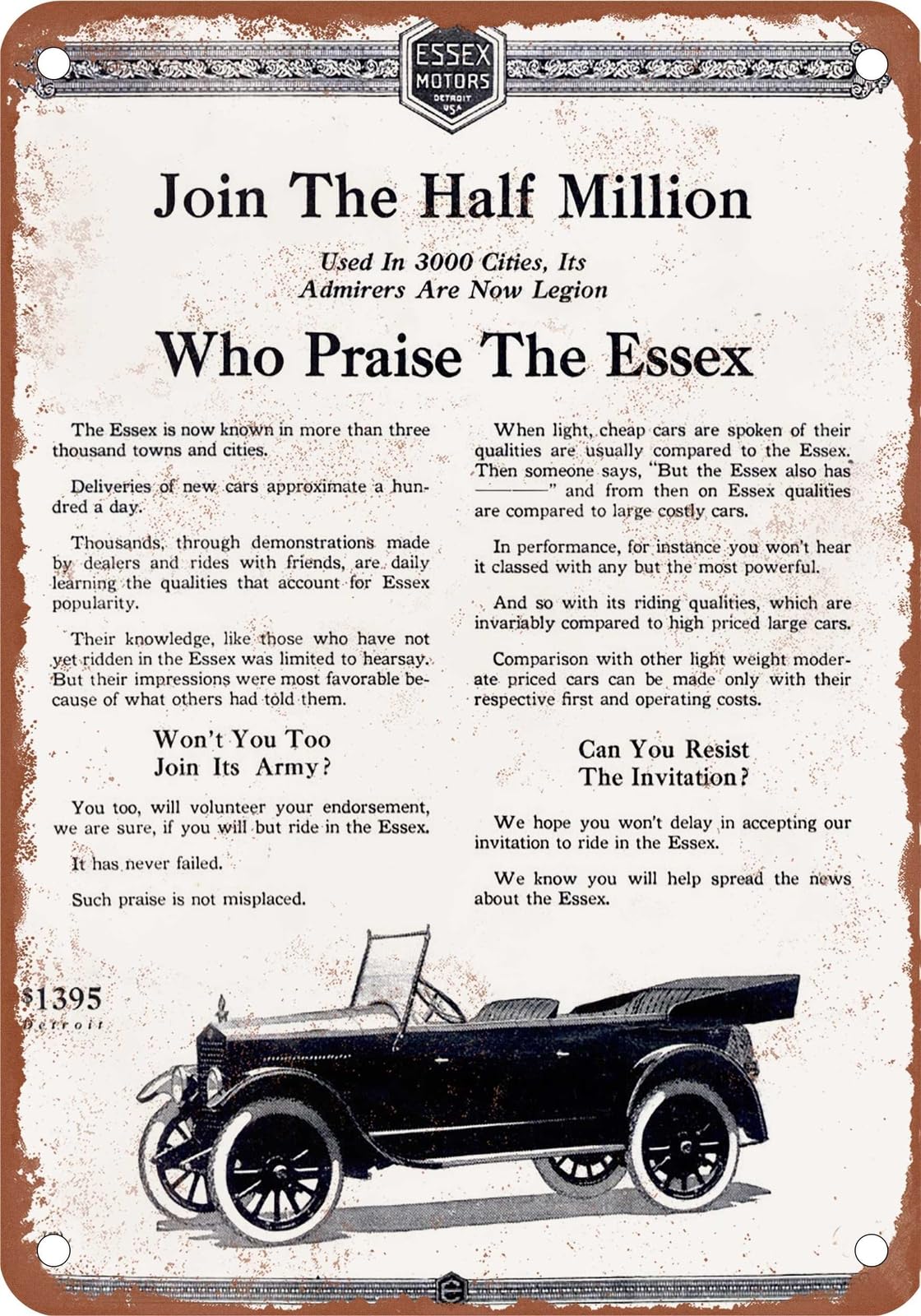 METAL SIGN - 1919 Essex Vintage Ad 02 - Old Retro Rusty Look home decor