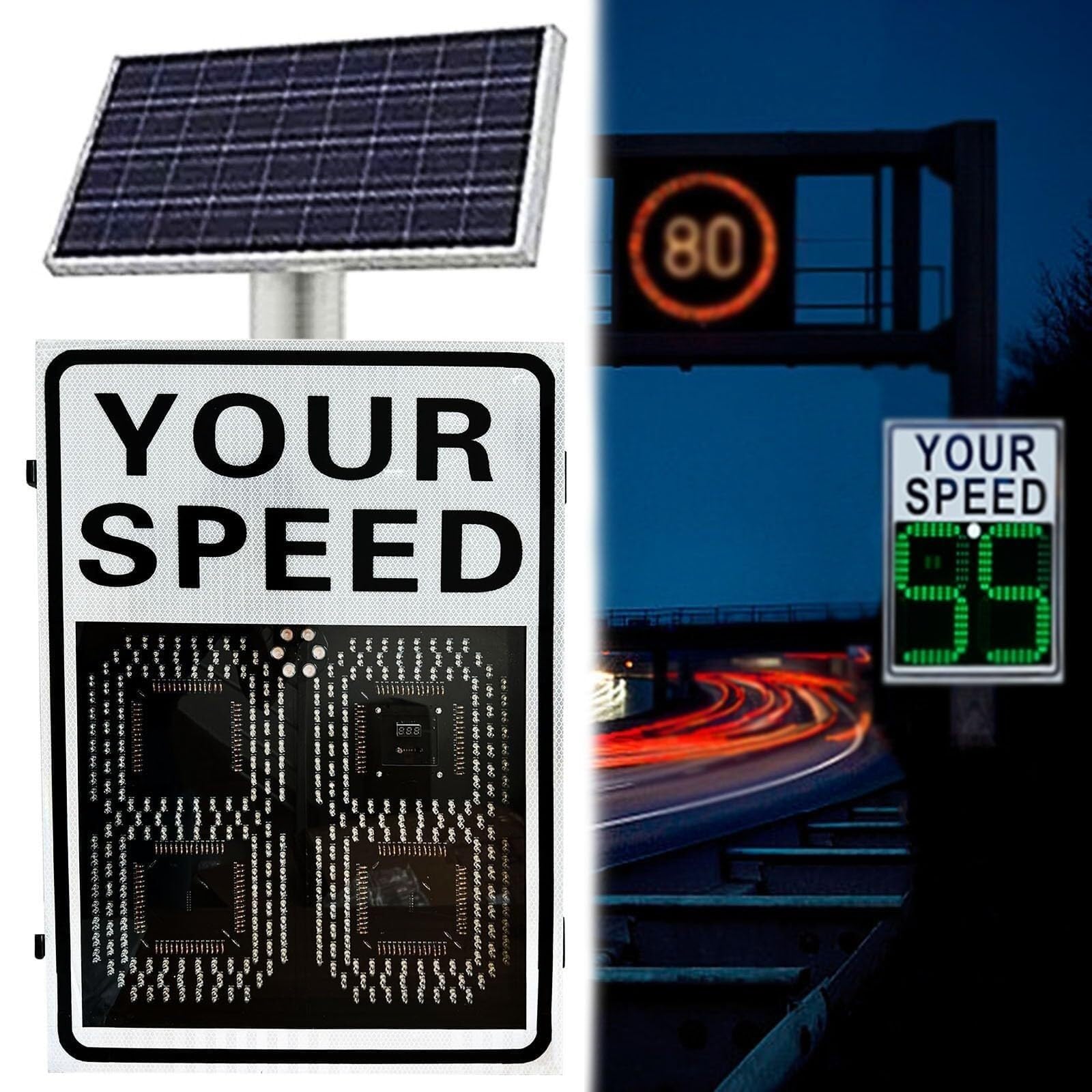 Señal de límite de Velocidad con Radar Solar, Gran Pantalla LED Reflectante de Aluminio for advertencias metálicas en Calles y Carreteras.(50 * 70cm)