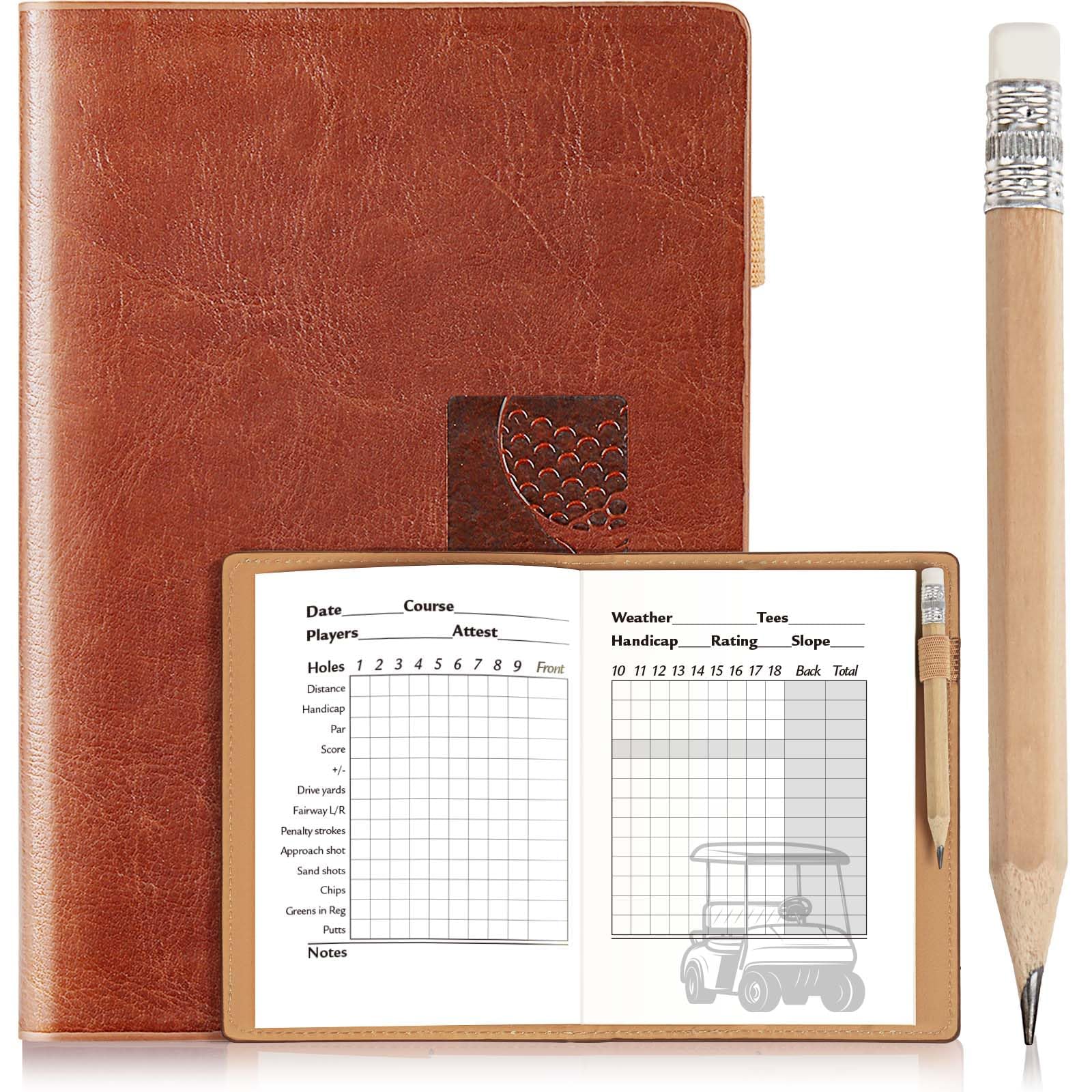Hihealer Libro de puntuación de golf con lápiz, diario de golf de cuero, cuaderno de registro, libro de puntuación, accesorios de golf, día del padre, regalos para hombres, mujeres, golfistas