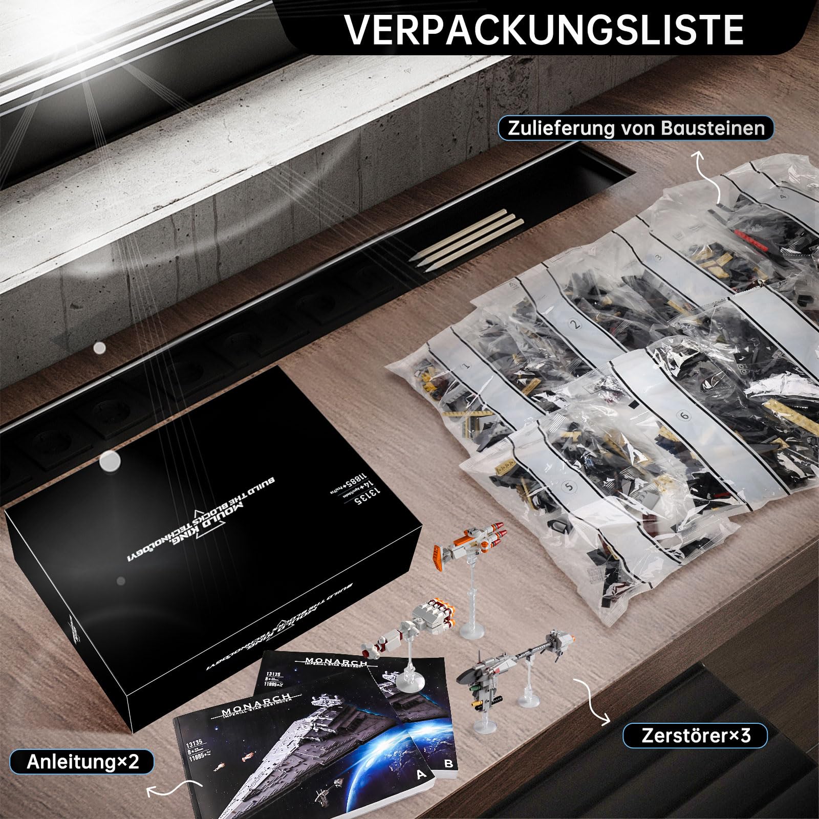 13135 Imperial Sternenzerstörer Spielzeug mit 3 Mini-Raumschiffen,11885 Klemmbausteine Technik Sternenzerstörer, Sammlerstück für Erwachsene,kompatibel mit UCS Super Star Destroyer